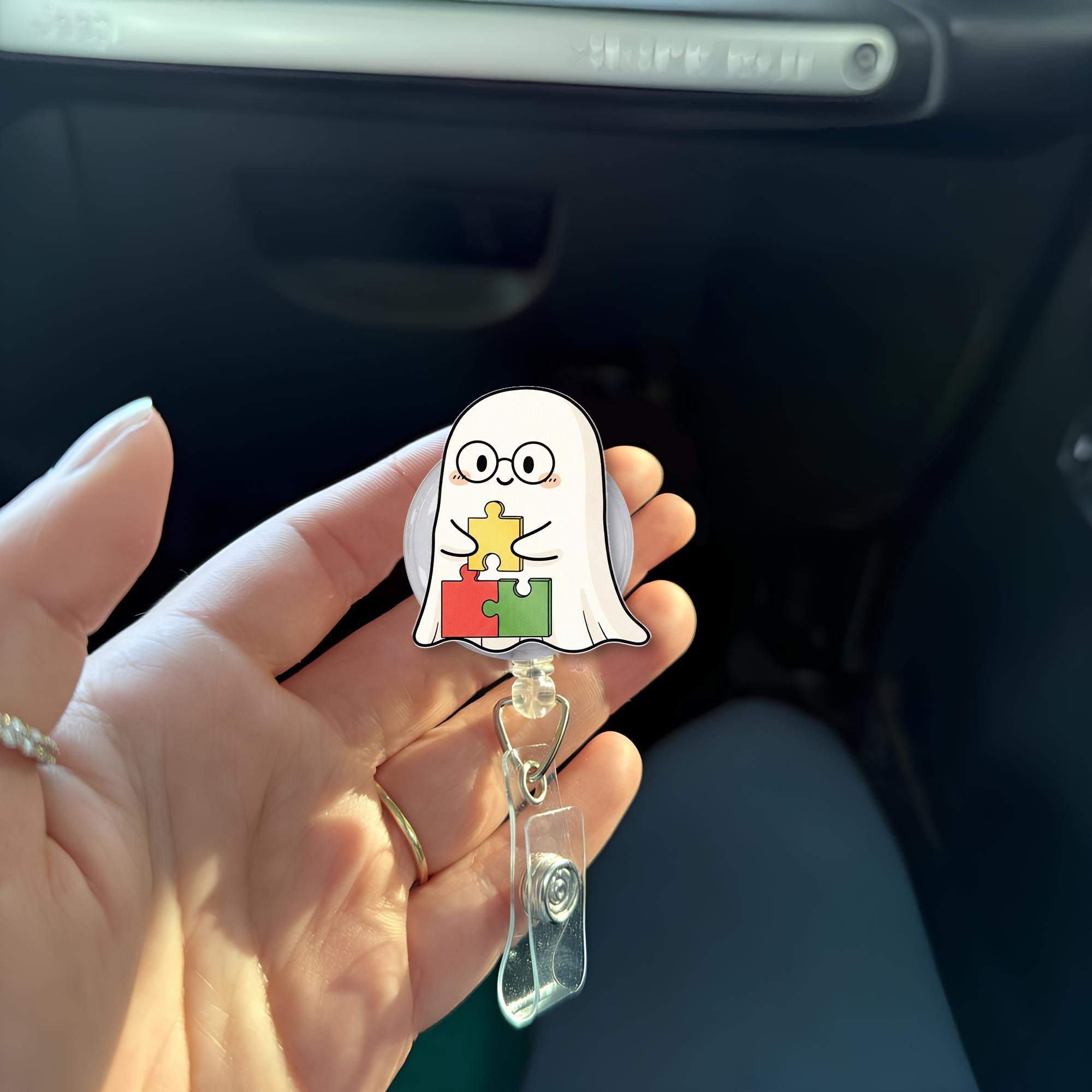 Cute Ghost Puzzle Badge Reel – Autism Awareness ID Holder, Teacher Nurse Clip, Retractable Name Tag for Classroom or Hospital Staff