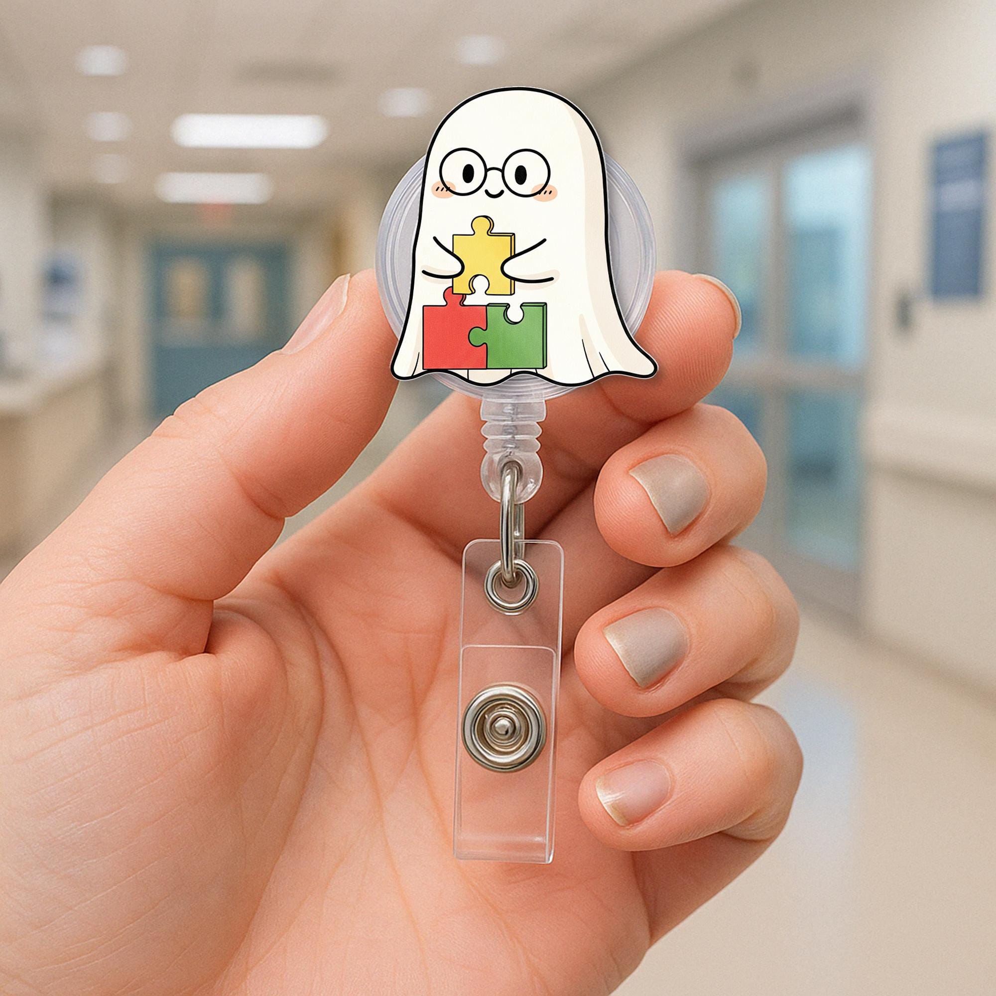Cute Ghost Puzzle Badge Reel – Autism Awareness ID Holder, Teacher Nurse Clip, Retractable Name Tag for Classroom or Hospital Staff