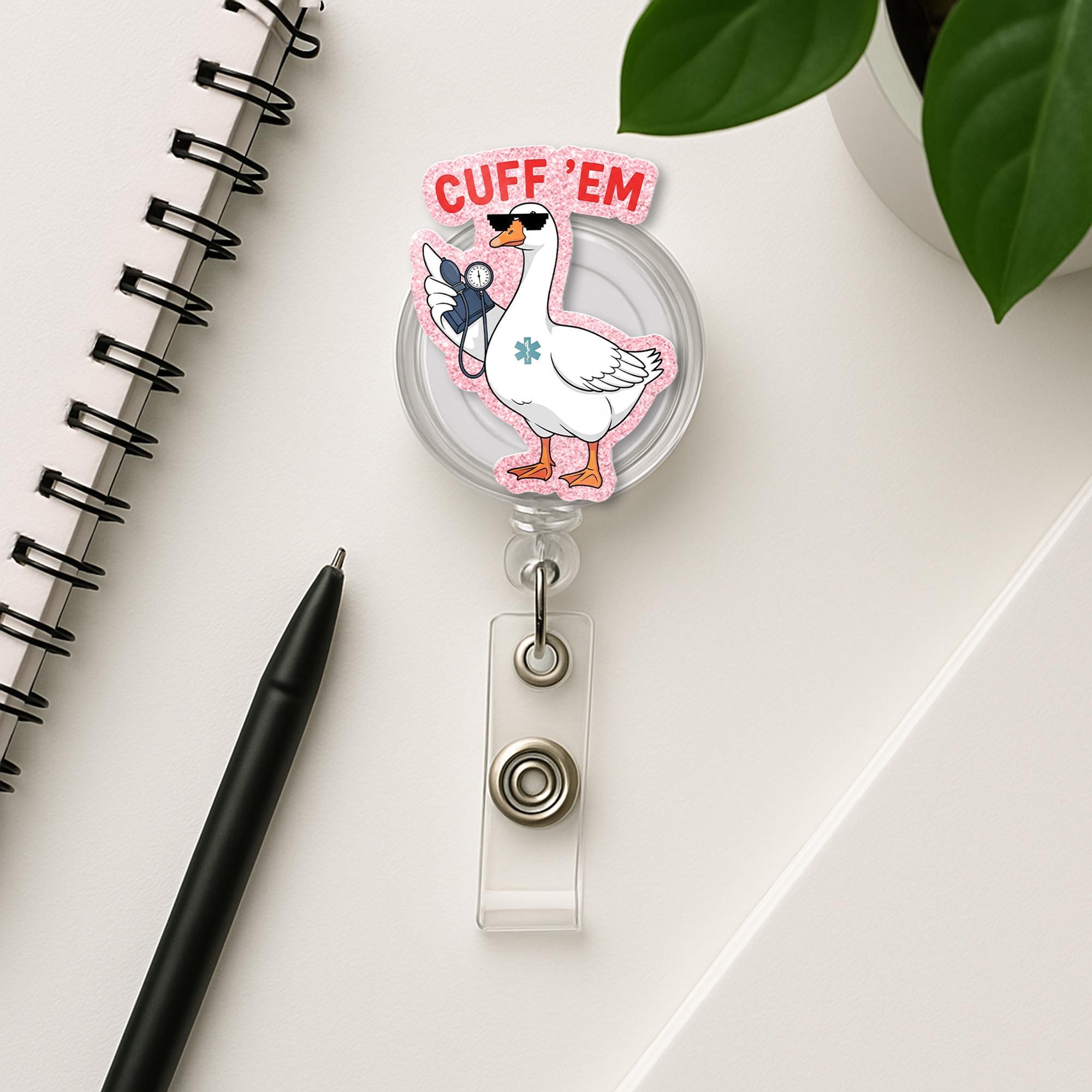 Cuff 'Em Nurse Badge Reel – Funny EMT Goose ID Holder – Cute Blood Pressure Reel – CNA Paramedic Medical Badge Clip – Nurse Week Accessory