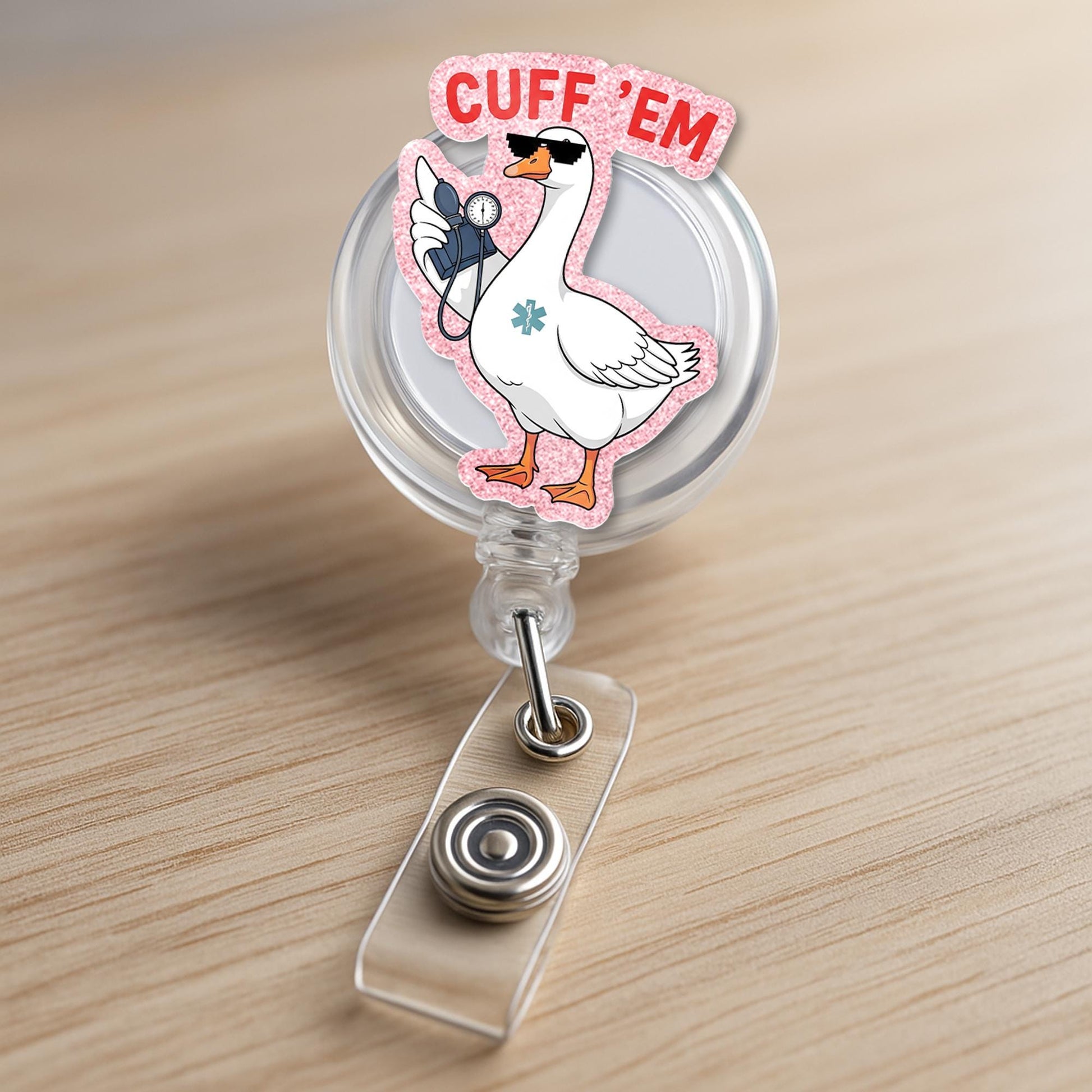 Cuff 'Em Nurse Badge Reel – Funny EMT Goose ID Holder – Cute Blood Pressure Reel – CNA Paramedic Medical Badge Clip – Nurse Week Accessory