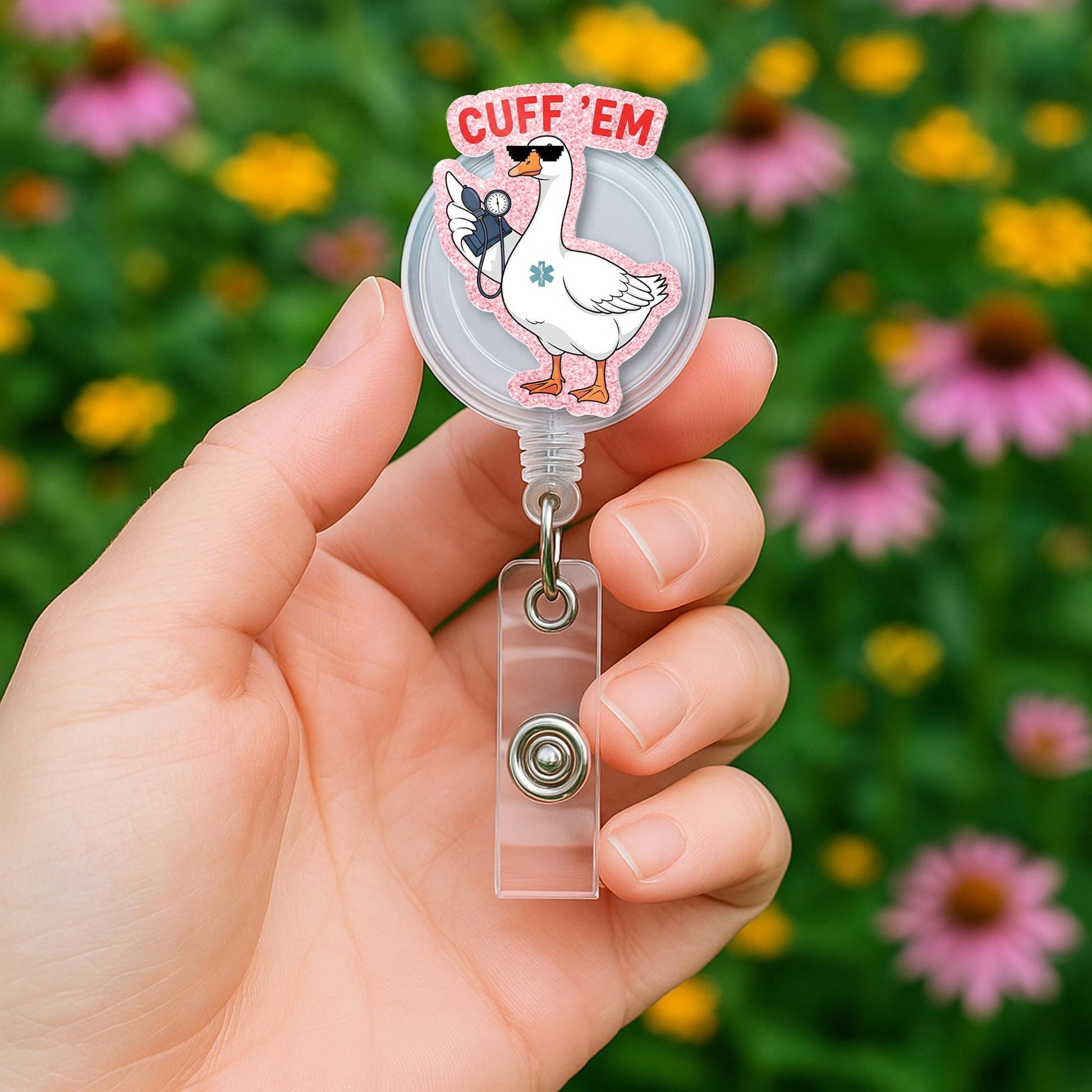 Cuff 'Em Nurse Badge Reel – Funny EMT Goose ID Holder – Cute Blood Pressure Reel – CNA Paramedic Medical Badge Clip – Nurse Week Accessory