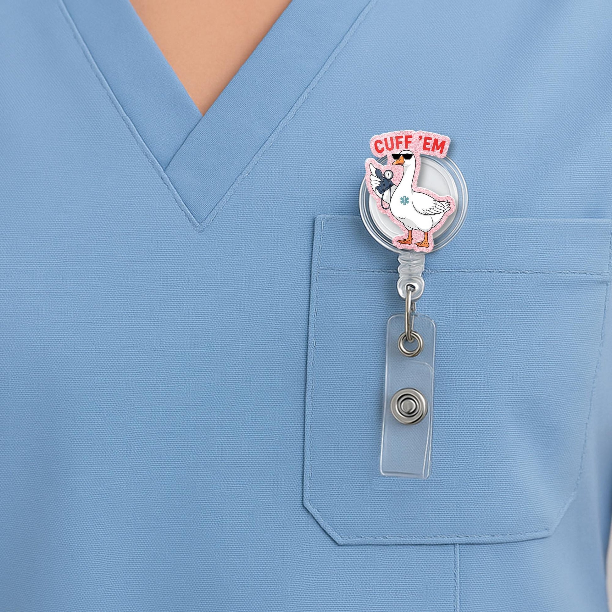 Cuff 'Em Nurse Badge Reel – Funny EMT Goose ID Holder – Cute Blood Pressure Reel – CNA Paramedic Medical Badge Clip – Nurse Week Accessory