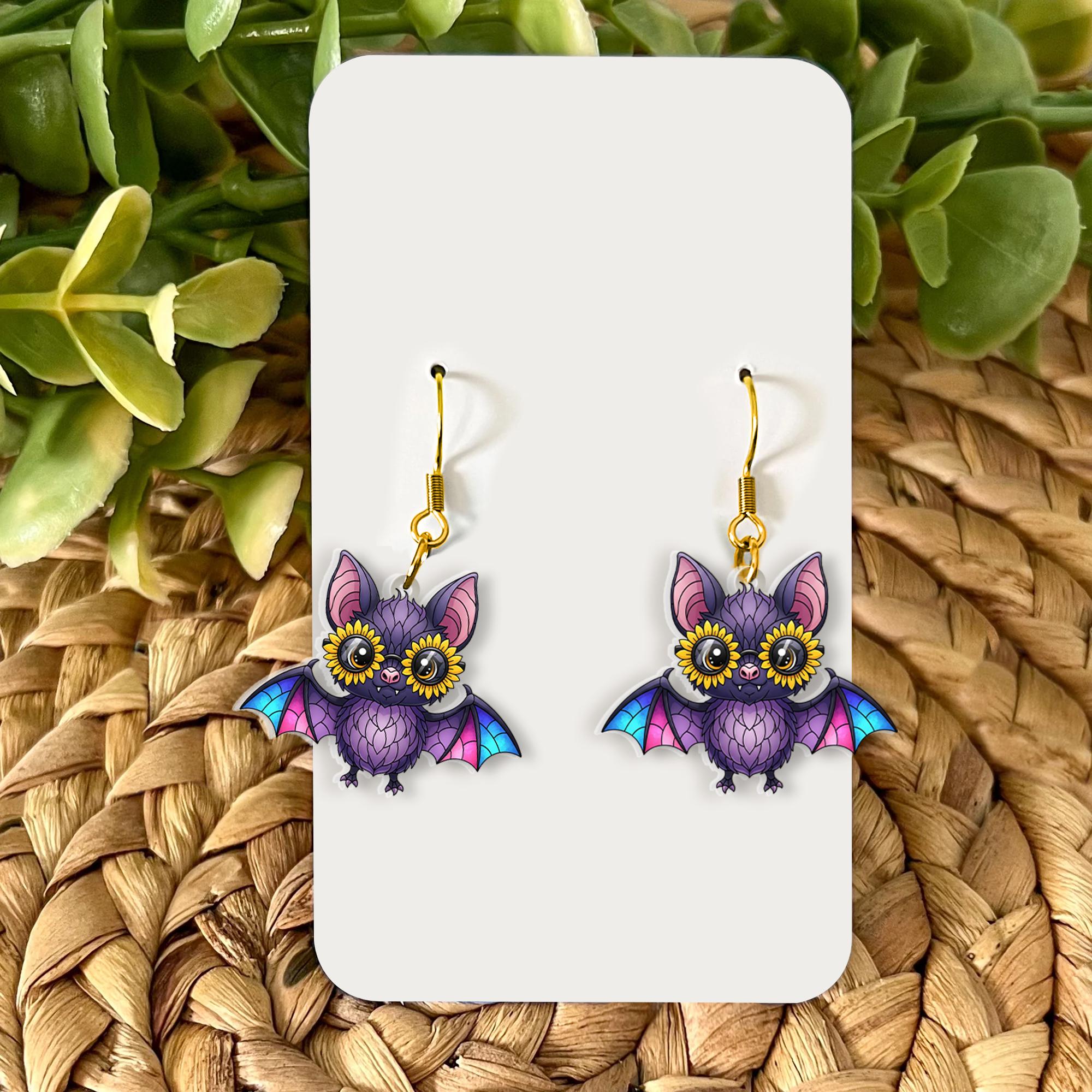 Cute Bat Earrings with Sunflowers | Whimsical Spooky Animal Jewelry | Unique Halloween Goth Nature Lover Gift | Fall Aesthetic