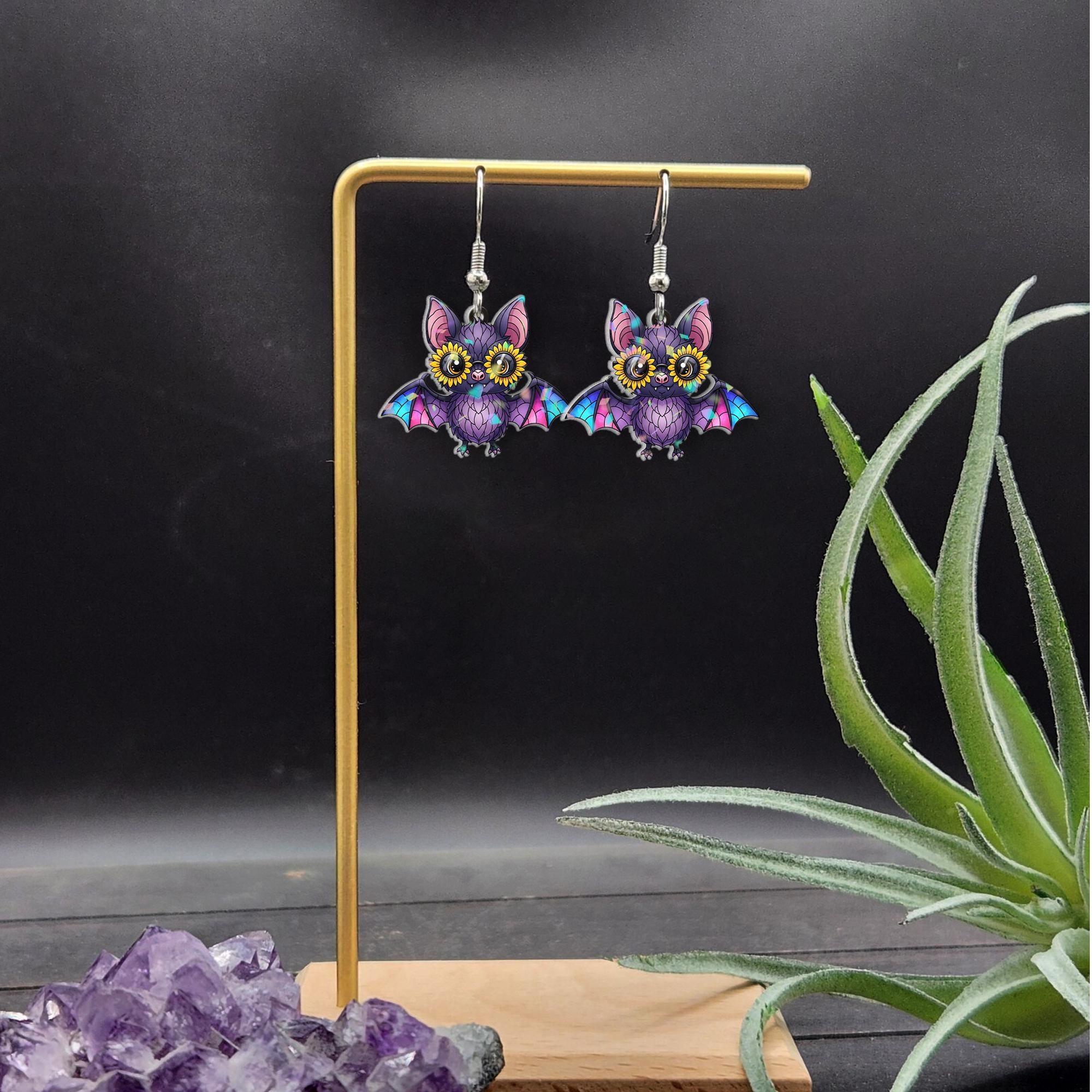 Cute Bat Earrings with Sunflowers | Whimsical Spooky Animal Jewelry | Unique Halloween Goth Nature Lover Gift | Fall Aesthetic