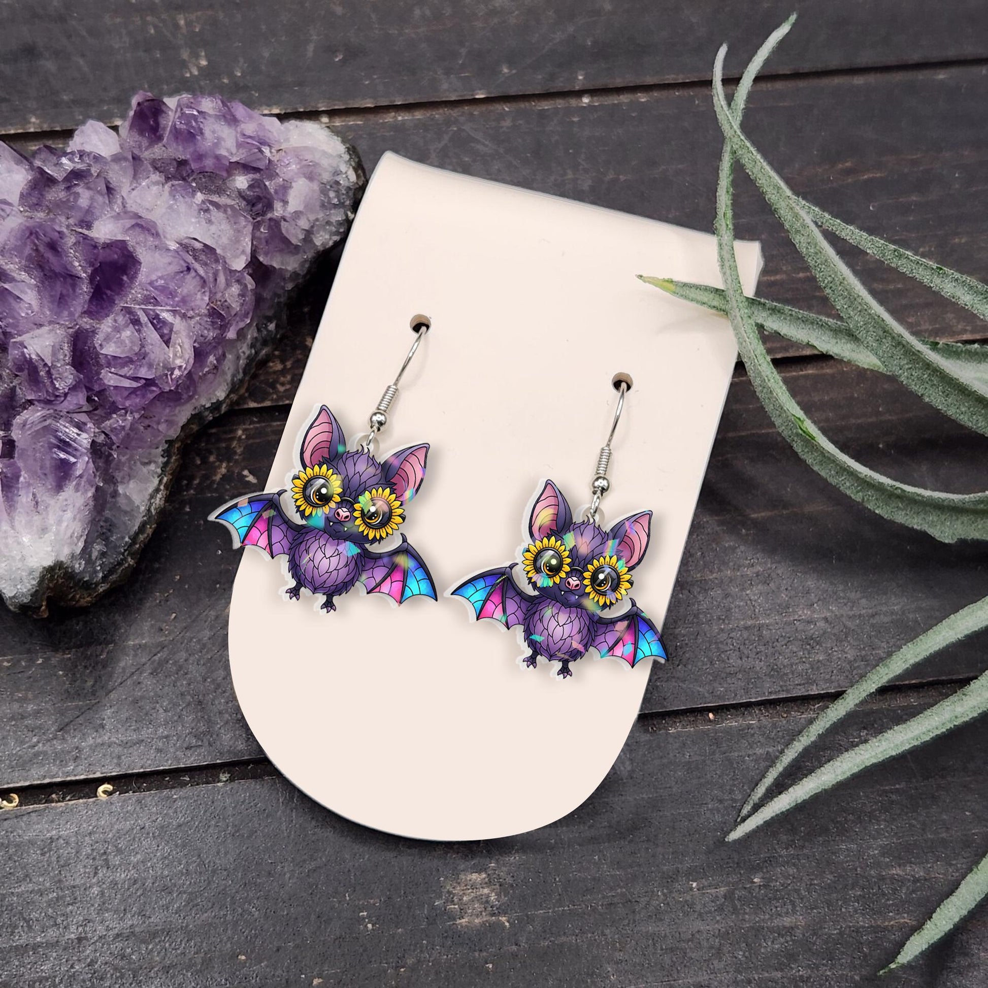Cute Bat Earrings with Sunflowers | Whimsical Spooky Animal Jewelry | Unique Halloween Goth Nature Lover Gift | Fall Aesthetic