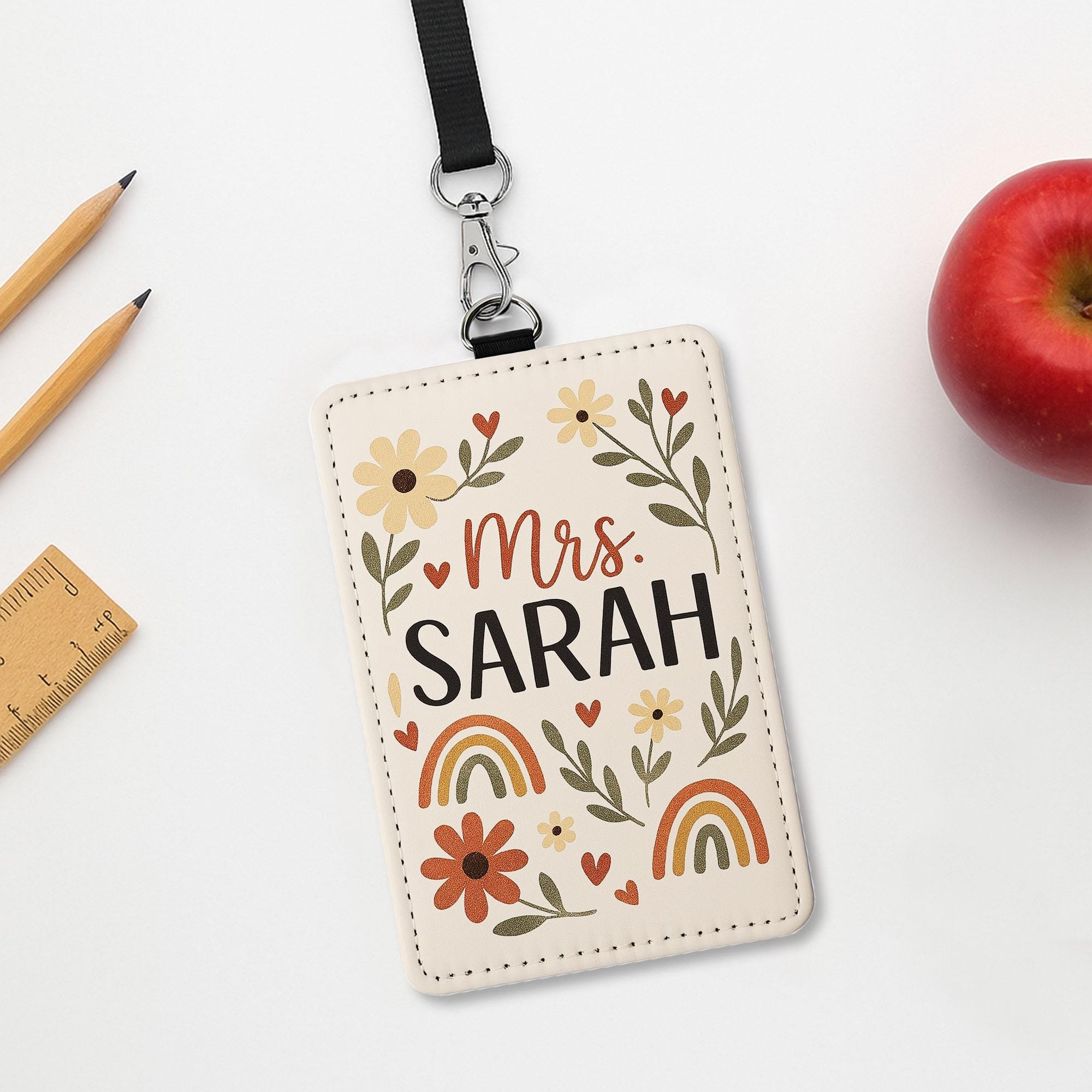 Personalized Teacher Name Badge Holder, Boho Floral ID Holder for Women, Custom Lanyard Tag, Back to School Gift for Teachers, Educators