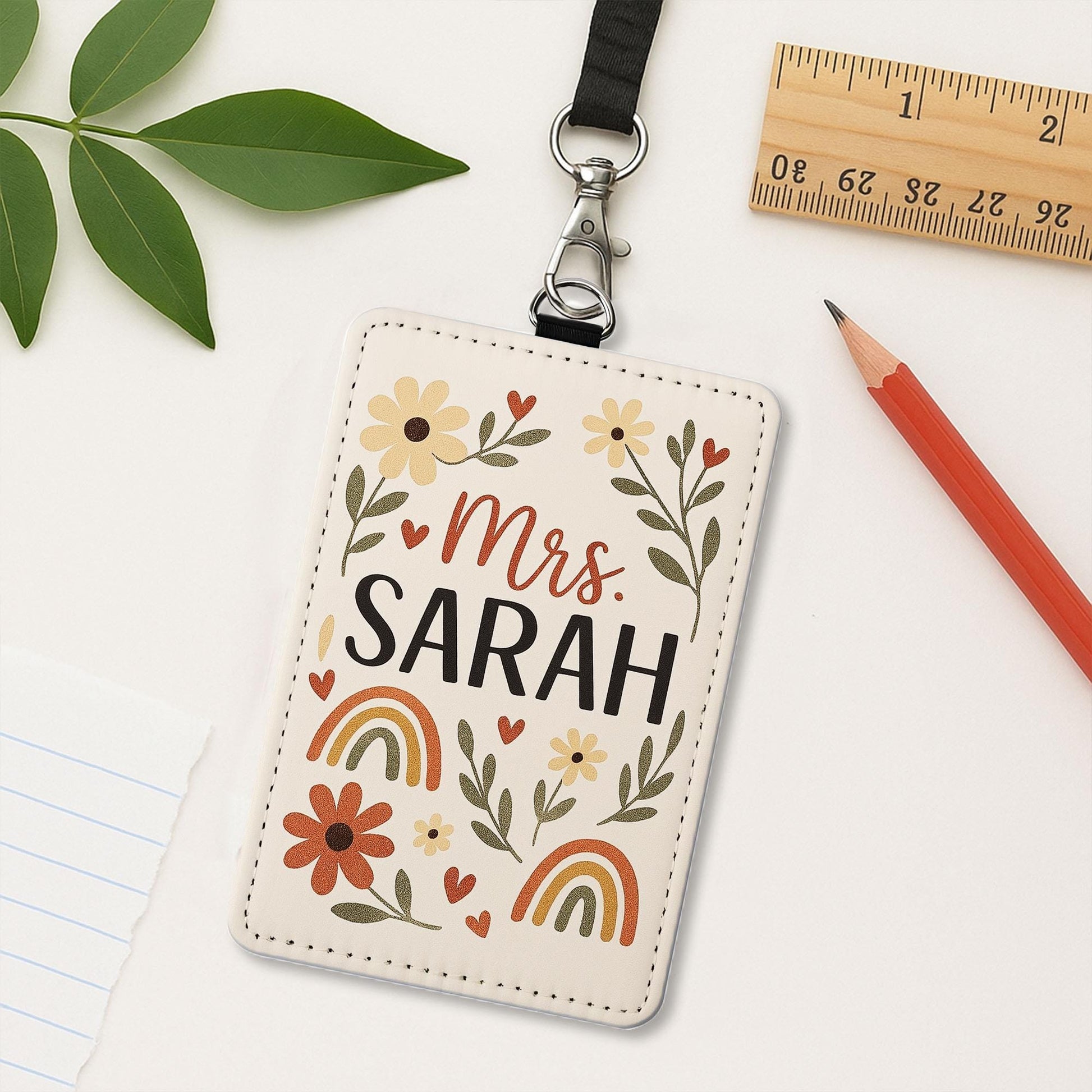 Personalized Teacher Name Badge Holder, Boho Floral ID Holder for Women, Custom Lanyard Tag, Back to School Gift for Teachers, Educators