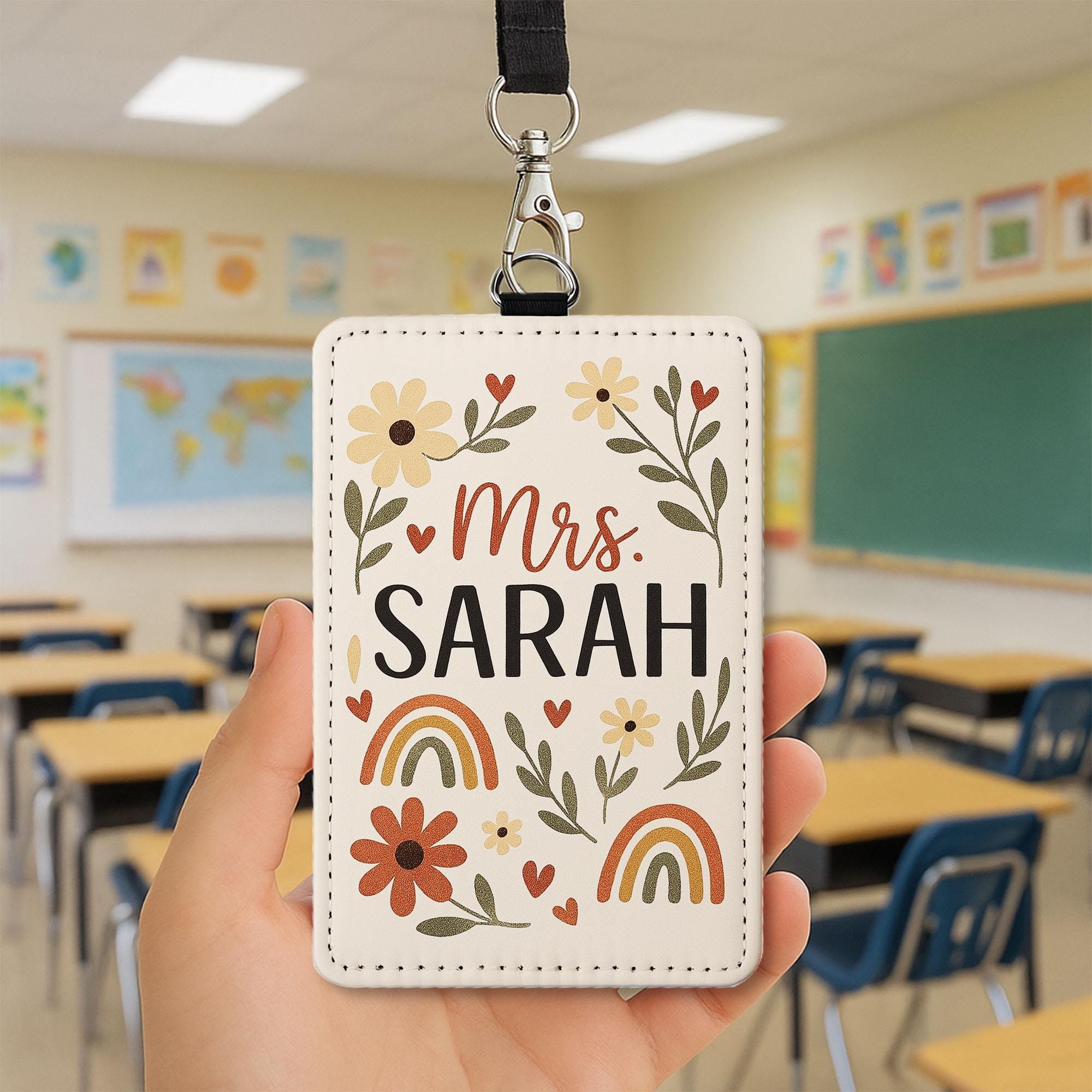 Personalized Teacher Name Badge Holder, Boho Floral ID Holder for Women, Custom Lanyard Tag, Back to School Gift for Teachers, Educators