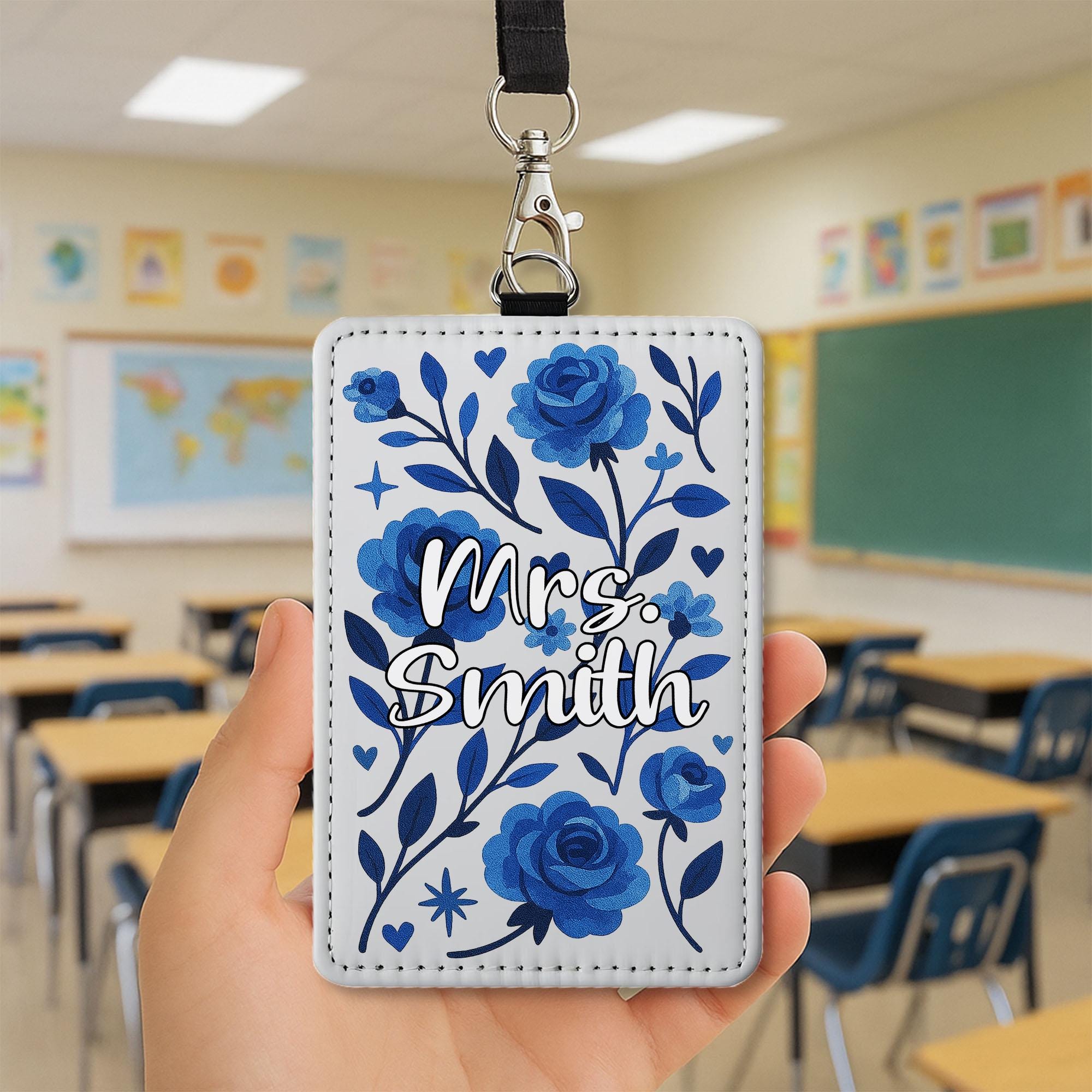 Personalized Teacher Badge Holder, Blue Floral Custom ID Tag for Women, Cute Name Lanyard, Back to School Gift To Teachers, Educators, Staff