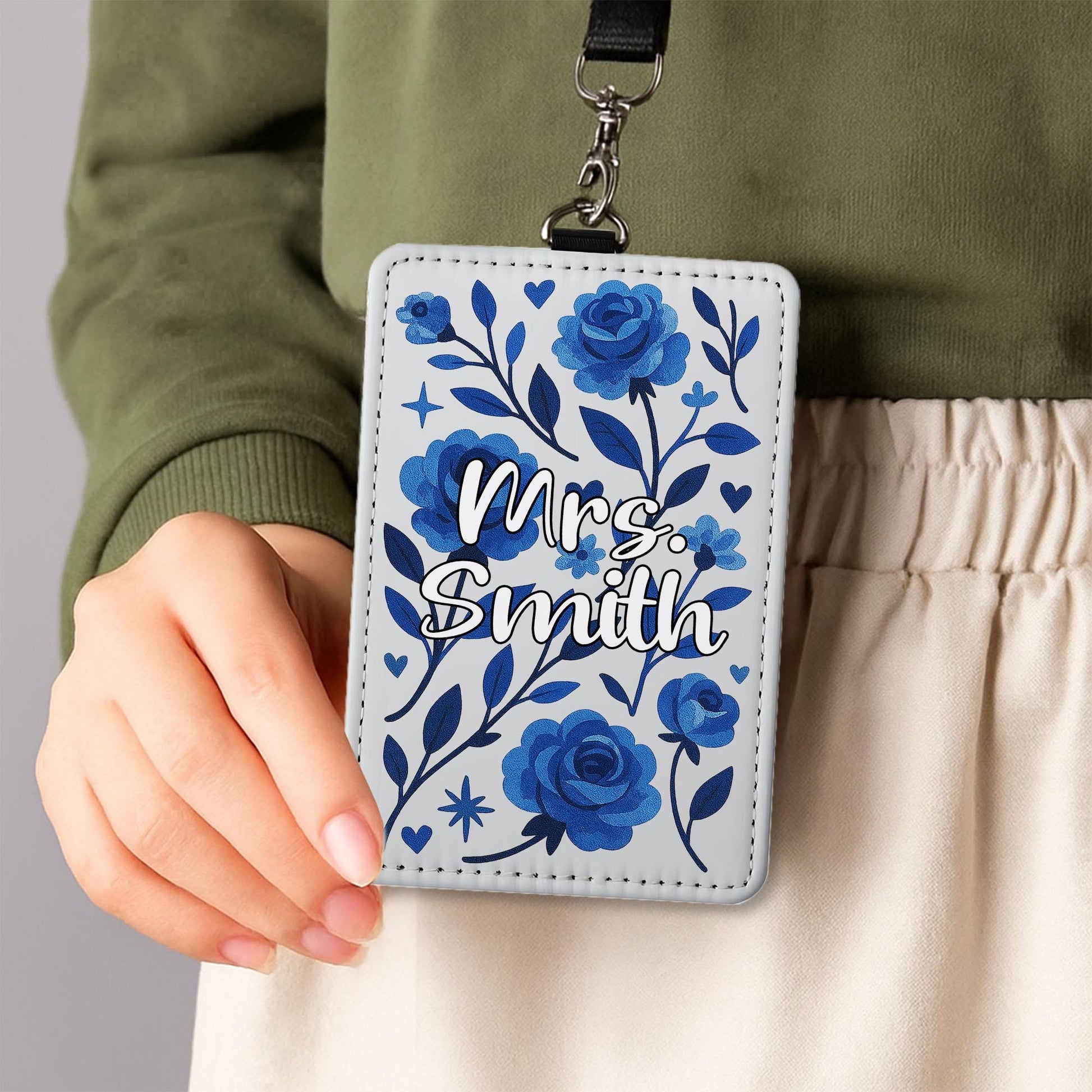 Personalized Teacher Badge Holder, Blue Floral Custom ID Tag for Women, Cute Name Lanyard, Back to School Gift To Teachers, Educators, Staff