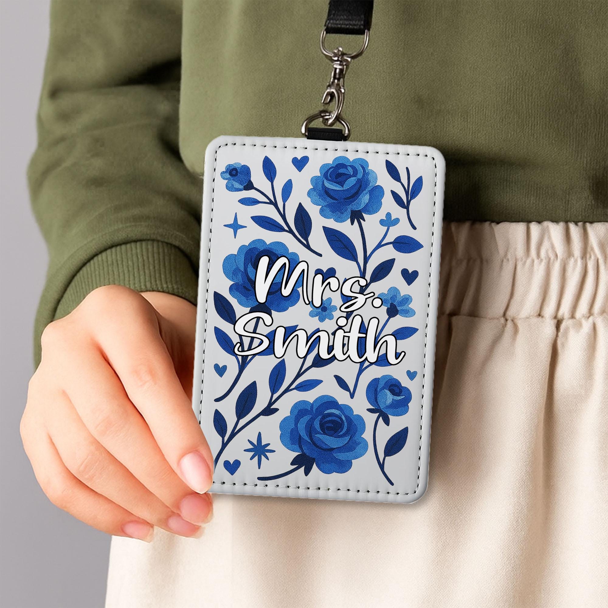 Personalized Teacher Badge Holder, Blue Floral Custom ID Tag for Women, Cute Name Lanyard, Back to School Gift To Teachers, Educators, Staff