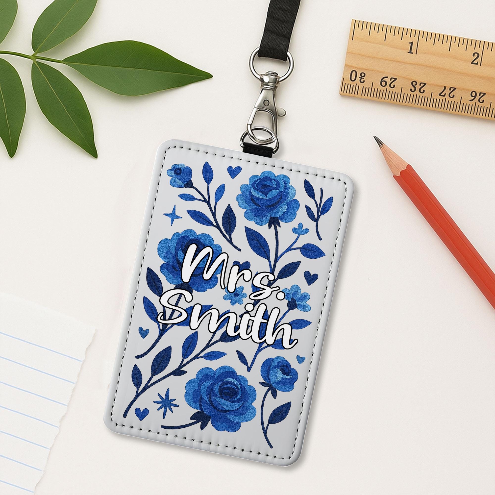 Personalized Teacher Badge Holder, Blue Floral Custom ID Tag for Women, Cute Name Lanyard, Back to School Gift To Teachers, Educators, Staff