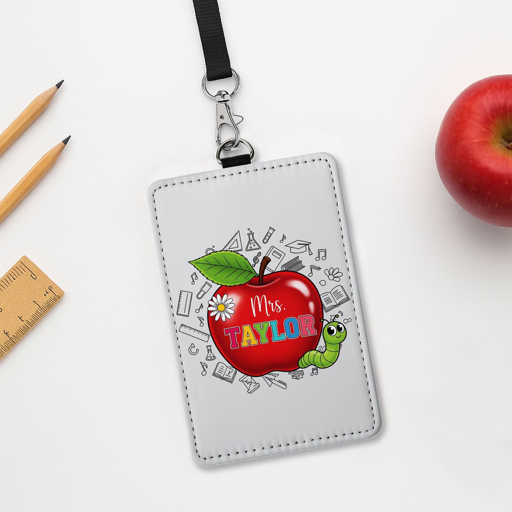 Personalized Teacher ID Badge | Cute Apple & Worm Name Tag for Women | Back to School Lanyard | Custom Gift for Teachers, Educators, Staffs