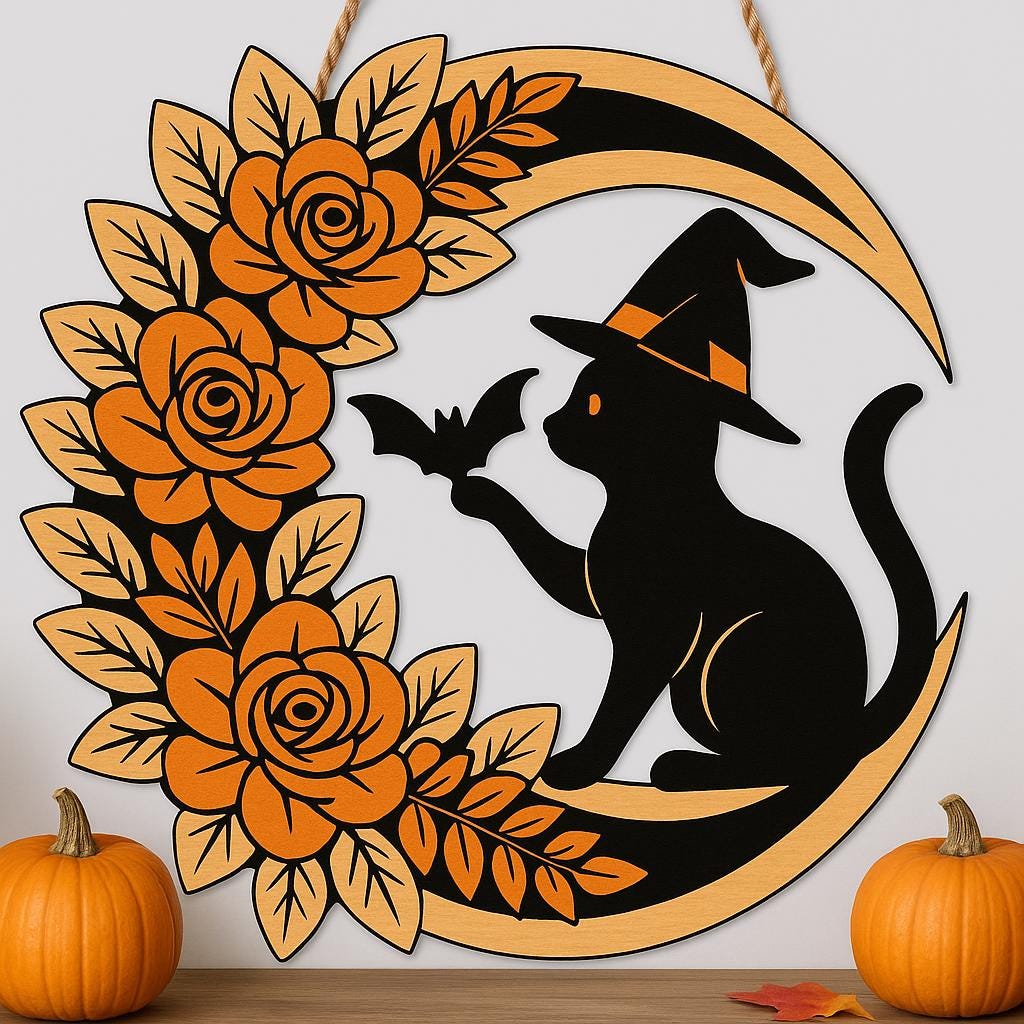 Halloween Cat Door Sign, Witch Cat Moon Wreath, Floral Bat Wall Decor, Spooky Front Door Hanger, Fall Halloween Porch Decoration