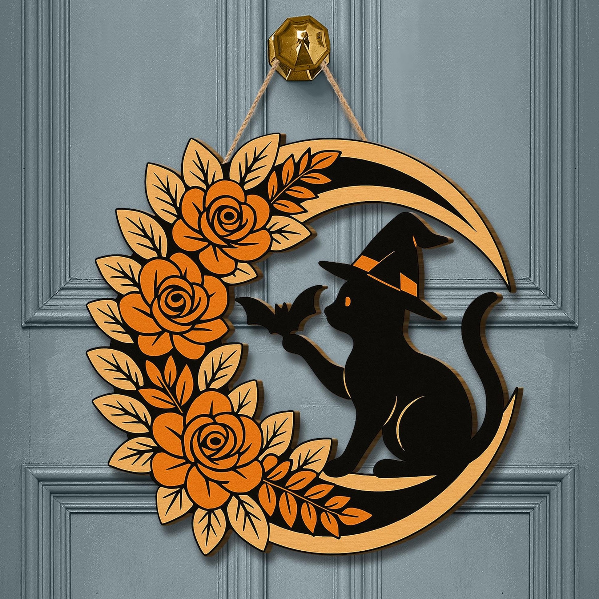 Halloween Cat Door Sign, Witch Cat Moon Wreath, Floral Bat Wall Decor, Spooky Front Door Hanger, Fall Halloween Porch Decoration