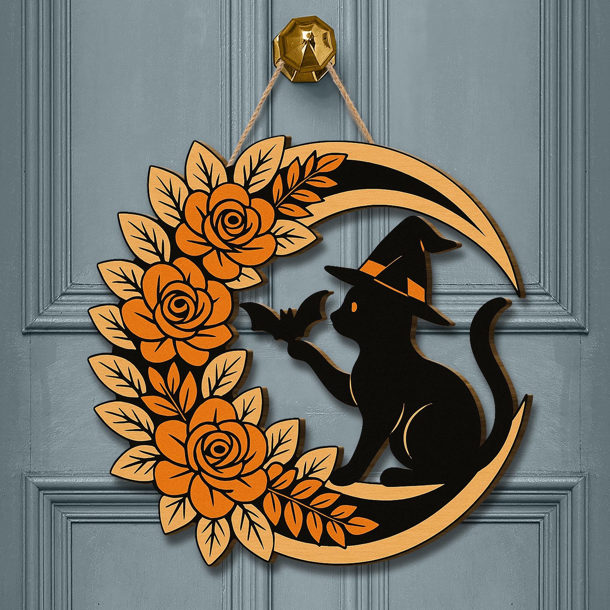 Halloween Cat Door Sign, Witch Cat Moon Wreath, Floral Bat Wall Decor, Spooky Front Door Hanger, Fall Halloween Porch Decoration