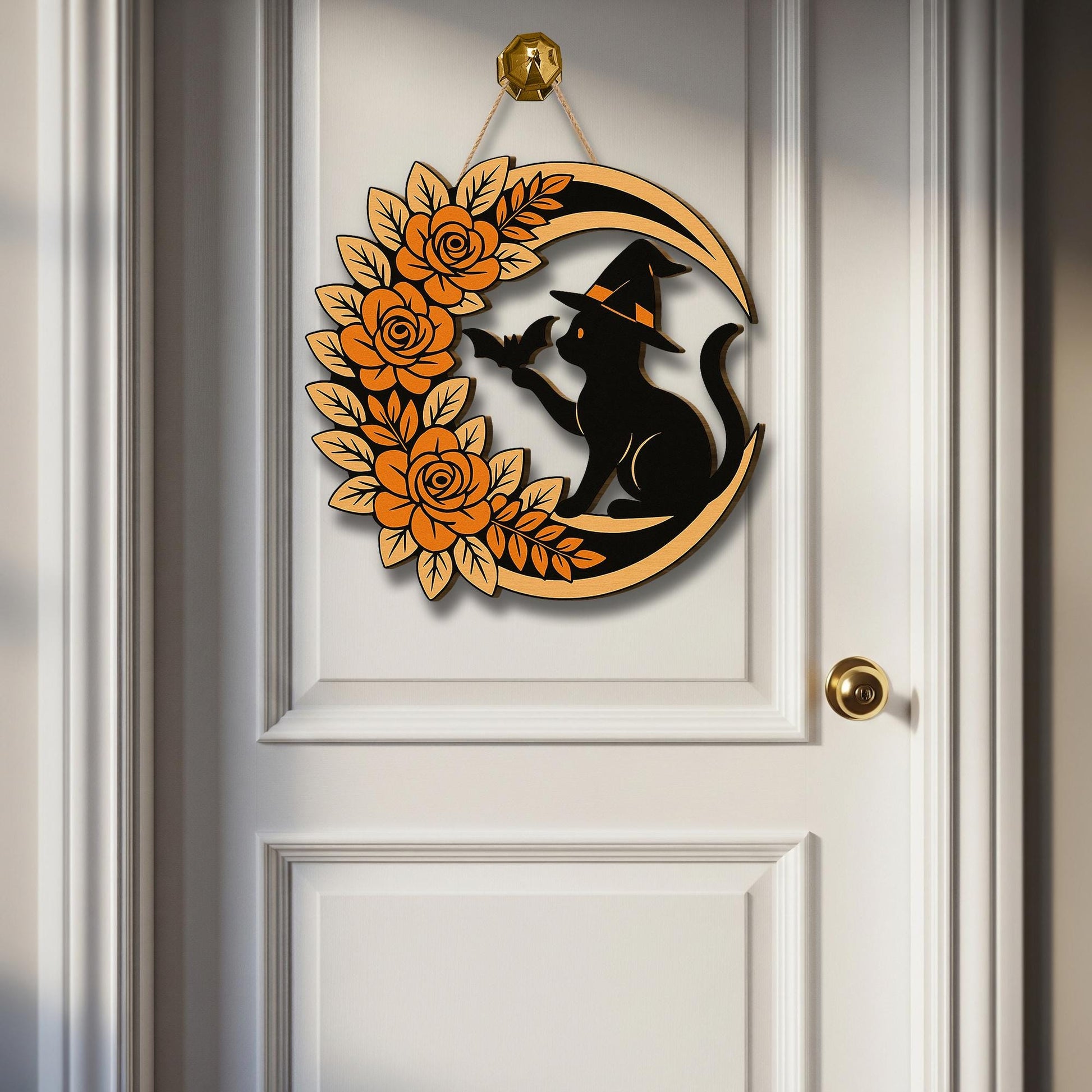 Halloween Cat Door Sign, Witch Cat Moon Wreath, Floral Bat Wall Decor, Spooky Front Door Hanger, Fall Halloween Porch Decoration