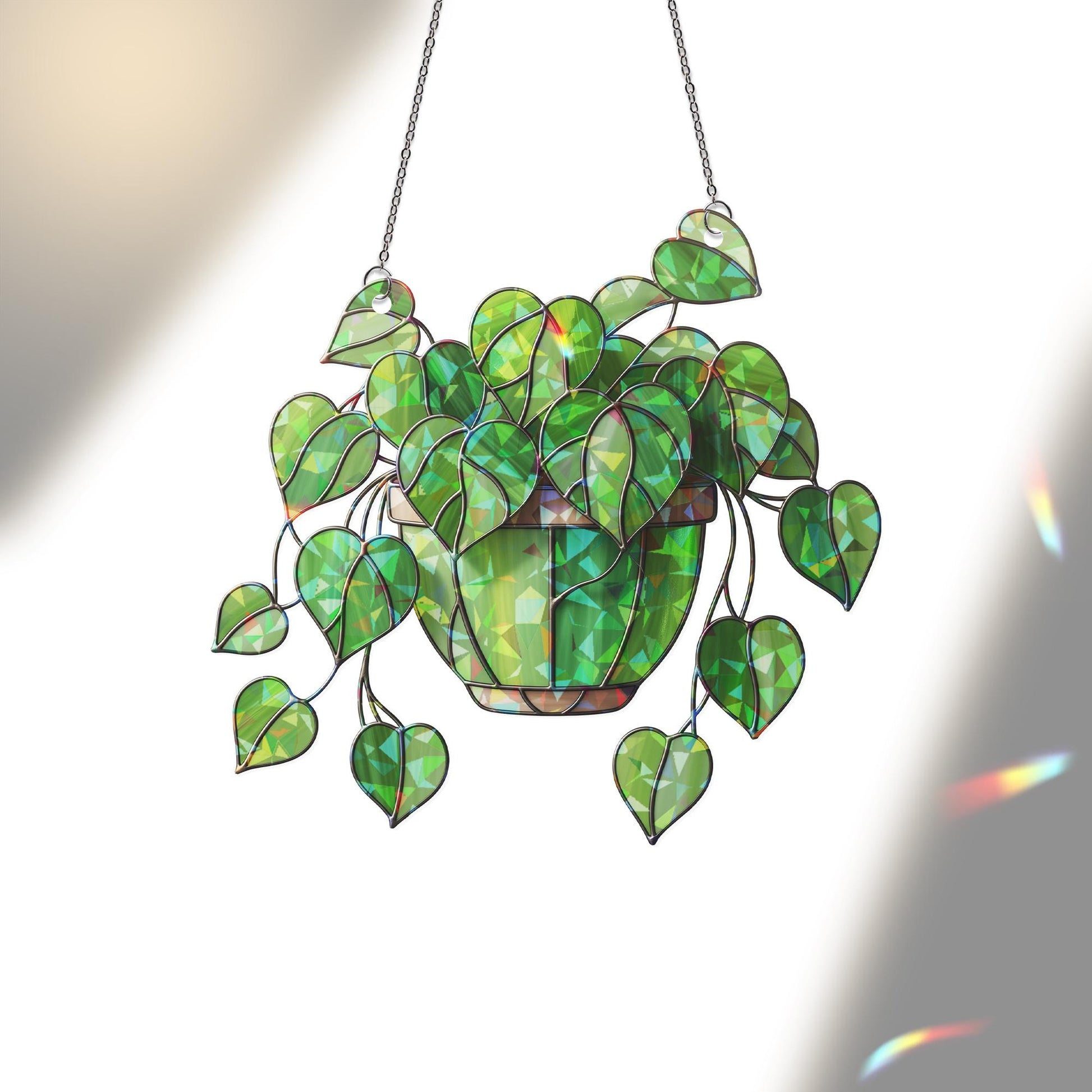Hanging Stained Glass Heart Leaf Plant Suncatcher | Green Philodendron Window Decor | Boho Houseplant Gift