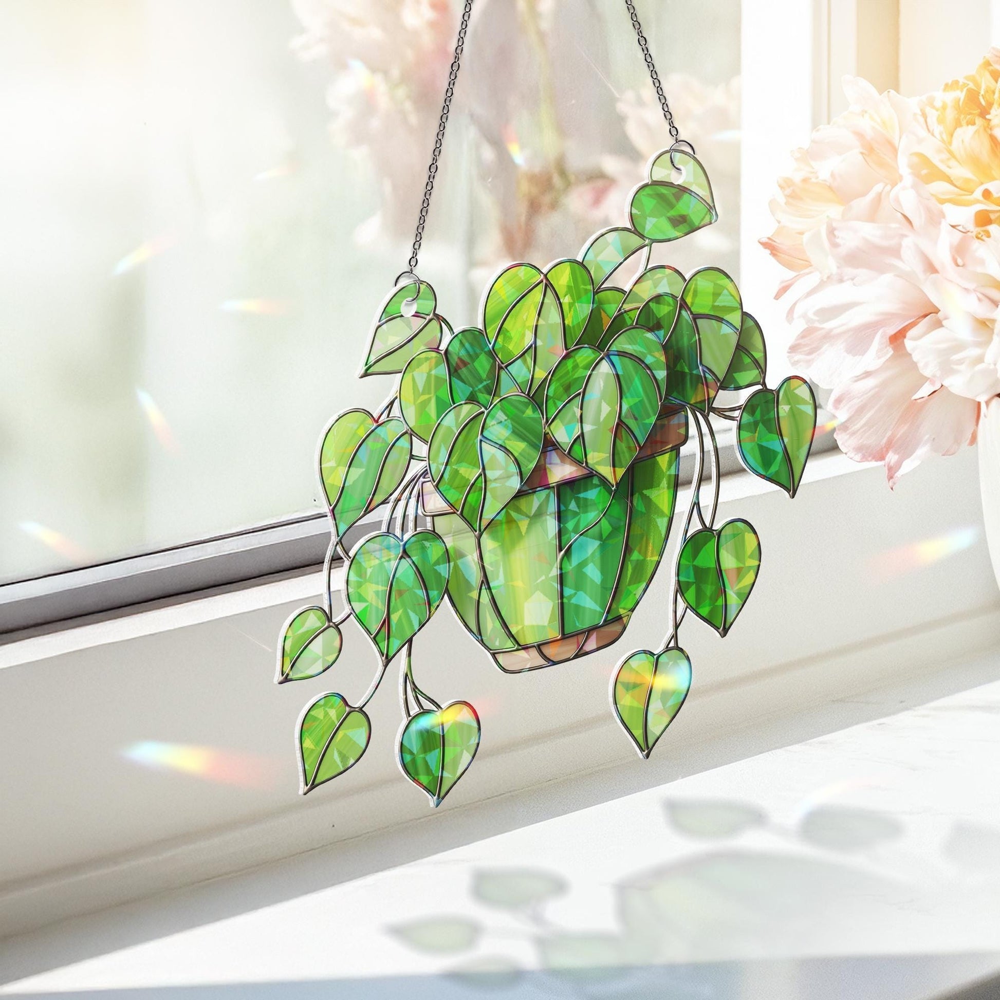Hanging Stained Glass Heart Leaf Plant Suncatcher | Green Philodendron Window Decor | Boho Houseplant Gift