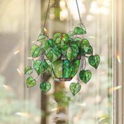 Hanging Stained Glass Heart Leaf Plant Suncatcher | Green Philodendron Window Decor | Boho Houseplant Gift