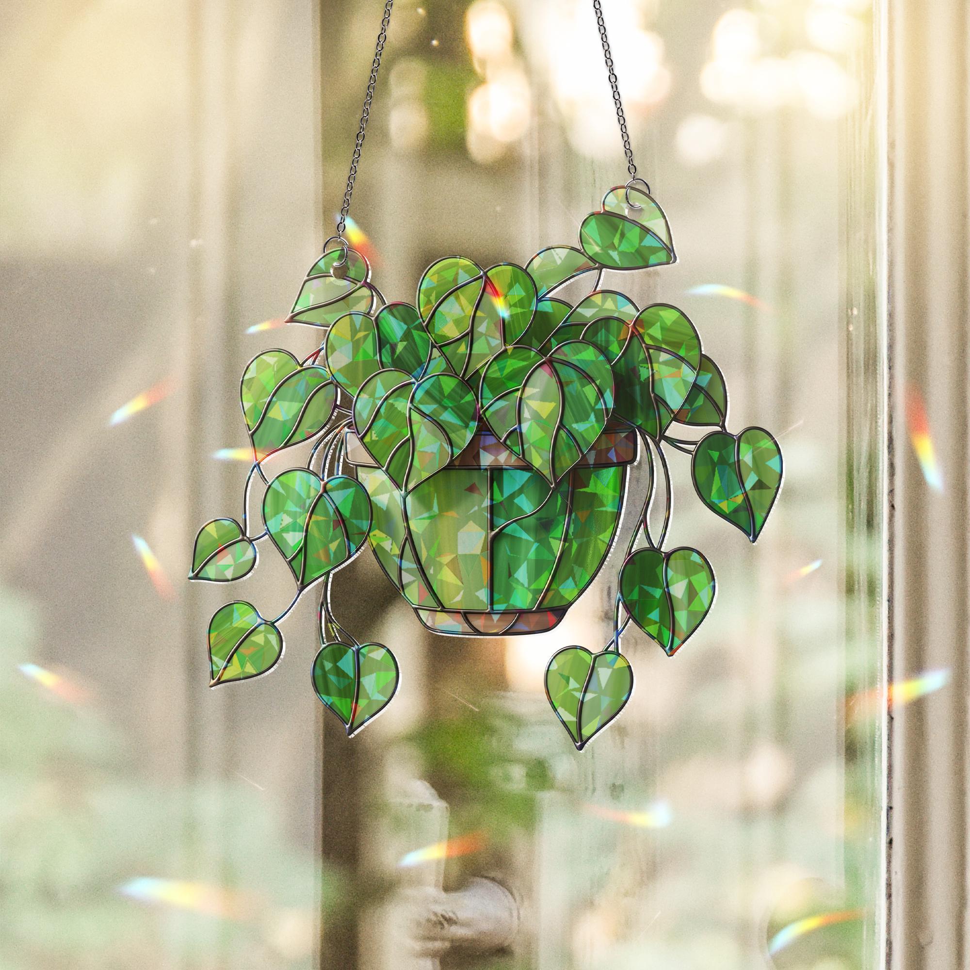 Hanging Stained Glass Heart Leaf Plant Suncatcher | Green Philodendron Window Decor | Boho Houseplant Gift