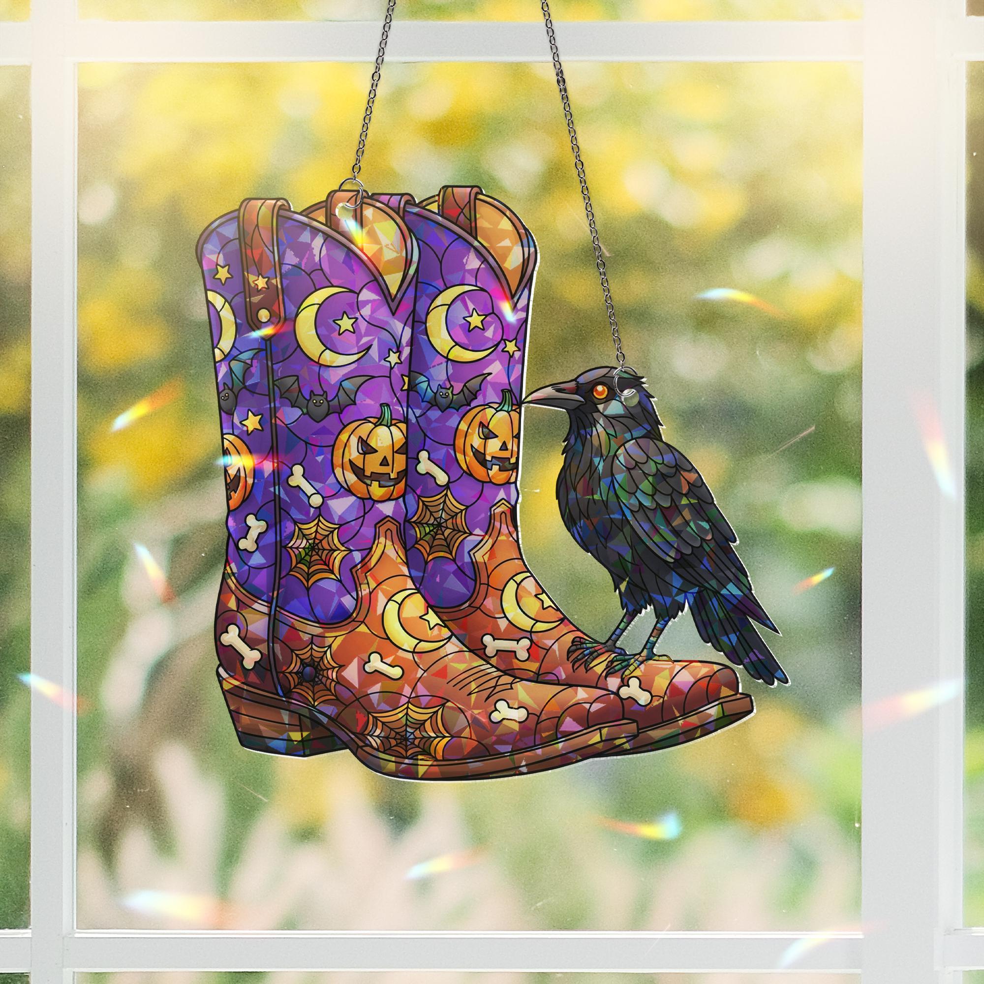 Halloween Stained Glass Cowboy Boots Suncatcher with Raven | Western Spooky Window Decor | Fall Gothic Gift