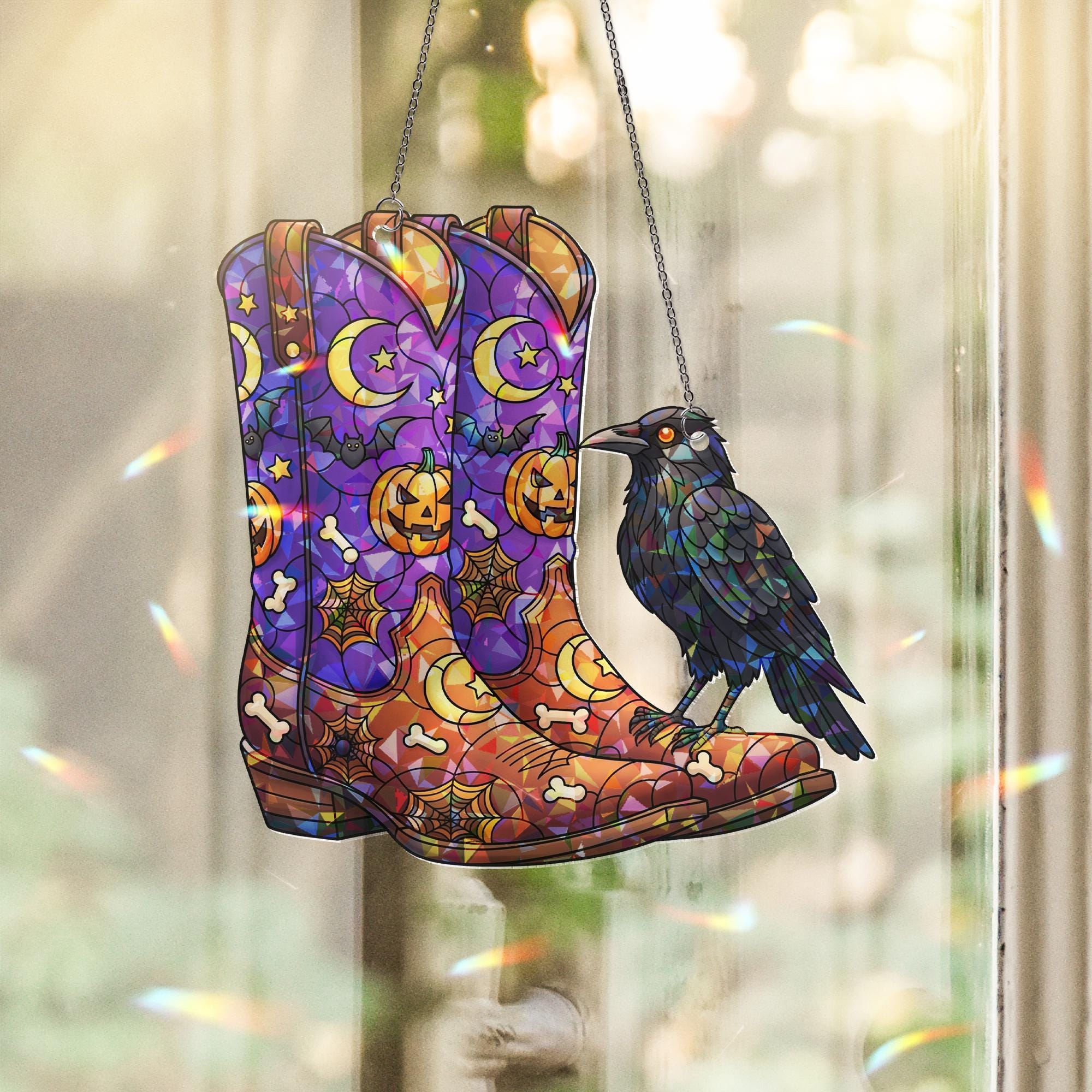 Halloween Stained Glass Cowboy Boots Suncatcher with Raven | Western Spooky Window Decor | Fall Gothic Gift