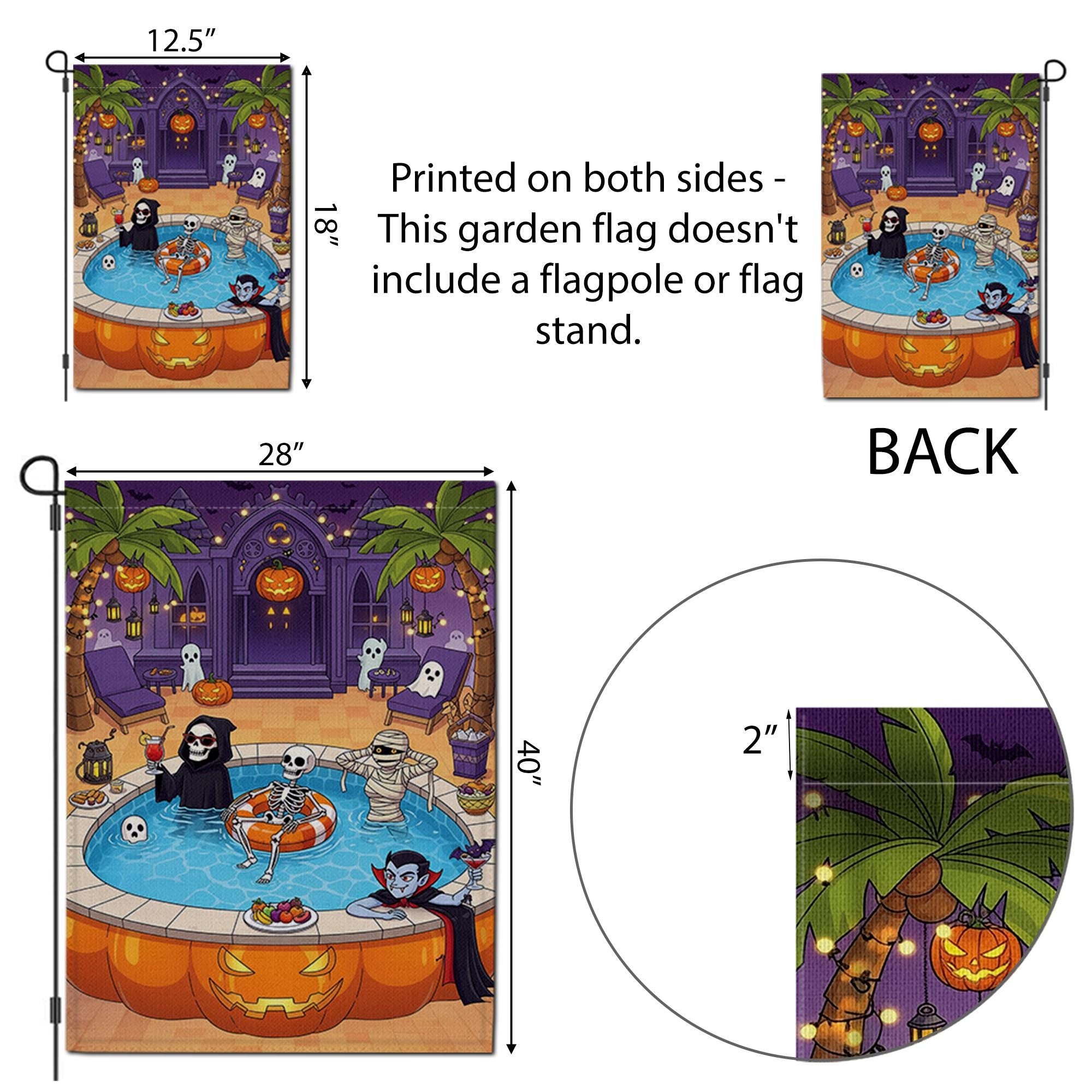 Halloween Pool Party Garden Flag | Spooky Outdoor Yard Decor | Skeleton Vampire Grim Reaper Mummy Patio Banner