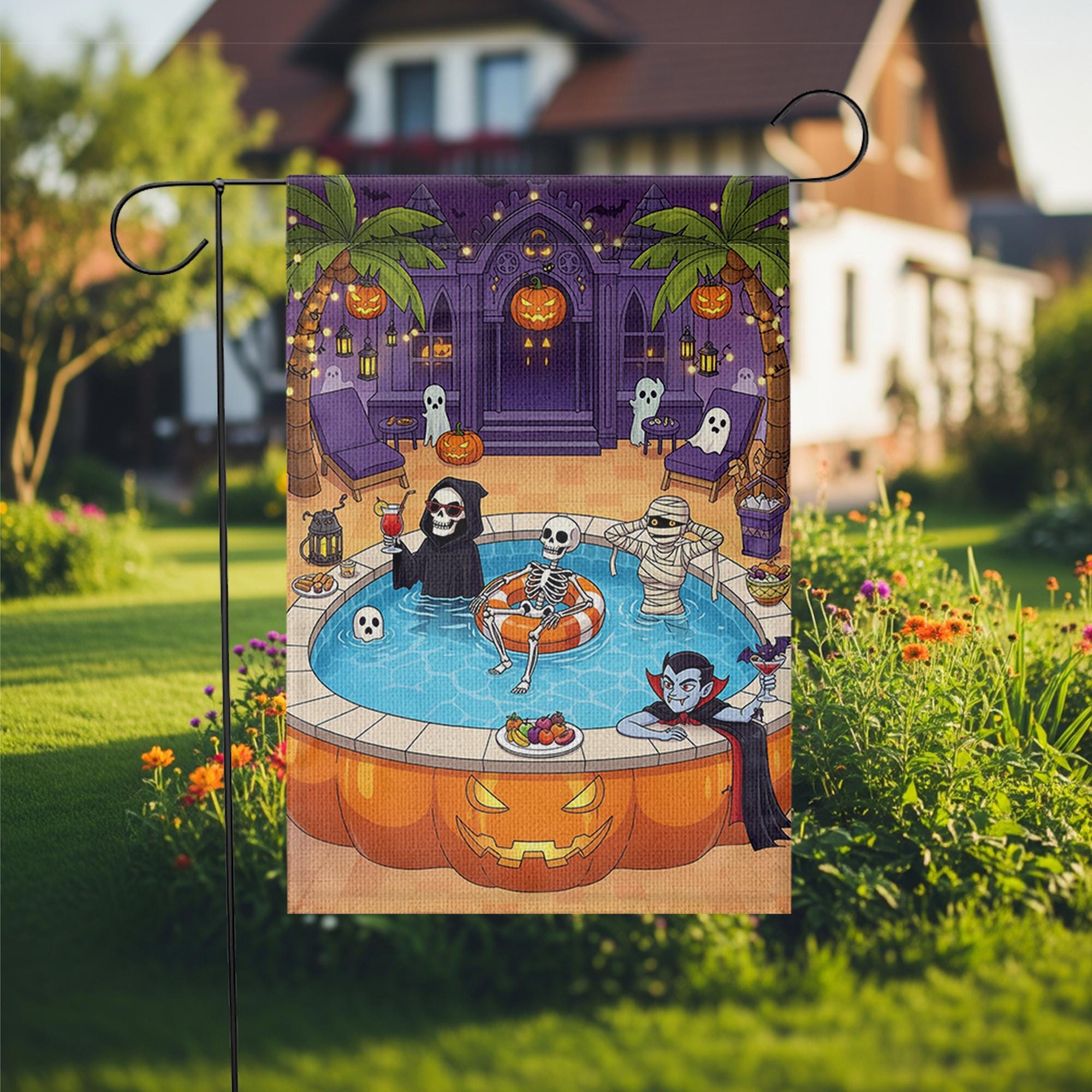 Halloween Pool Party Garden Flag | Spooky Outdoor Yard Decor | Skeleton Vampire Grim Reaper Mummy Patio Banner