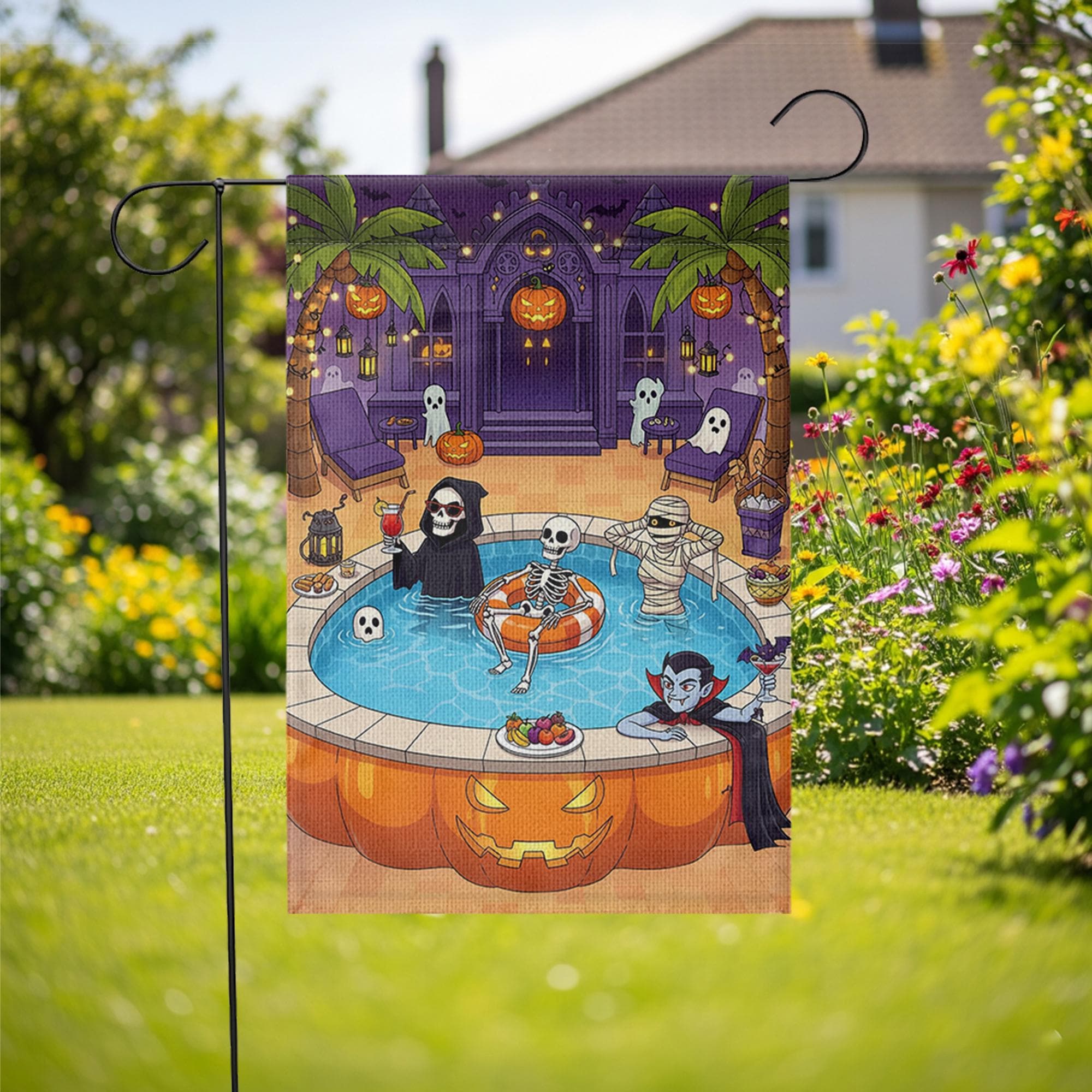 Halloween Pool Party Garden Flag | Spooky Outdoor Yard Decor | Skeleton Vampire Grim Reaper Mummy Patio Banner