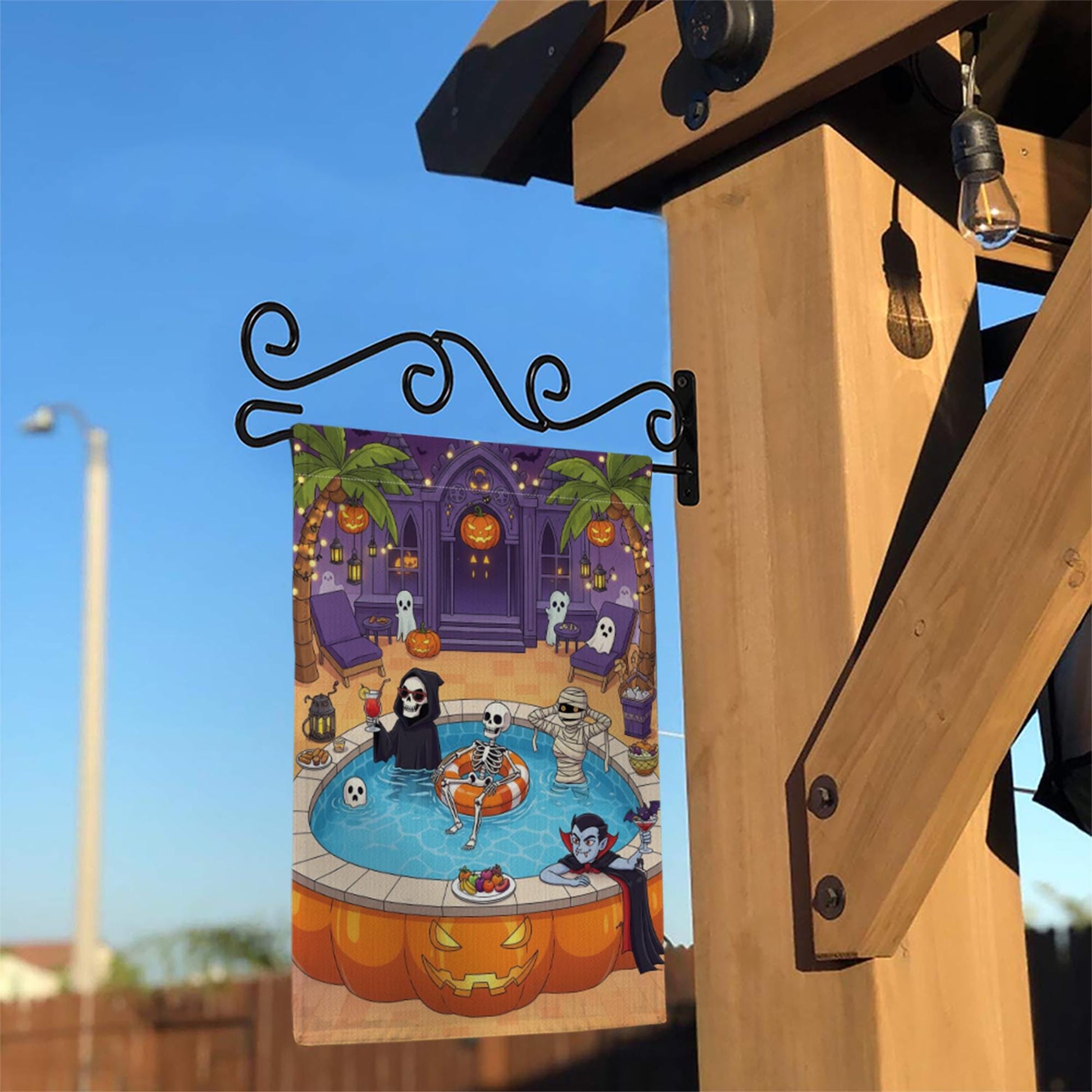 Halloween Pool Party Garden Flag | Spooky Outdoor Yard Decor | Skeleton Vampire Grim Reaper Mummy Patio Banner