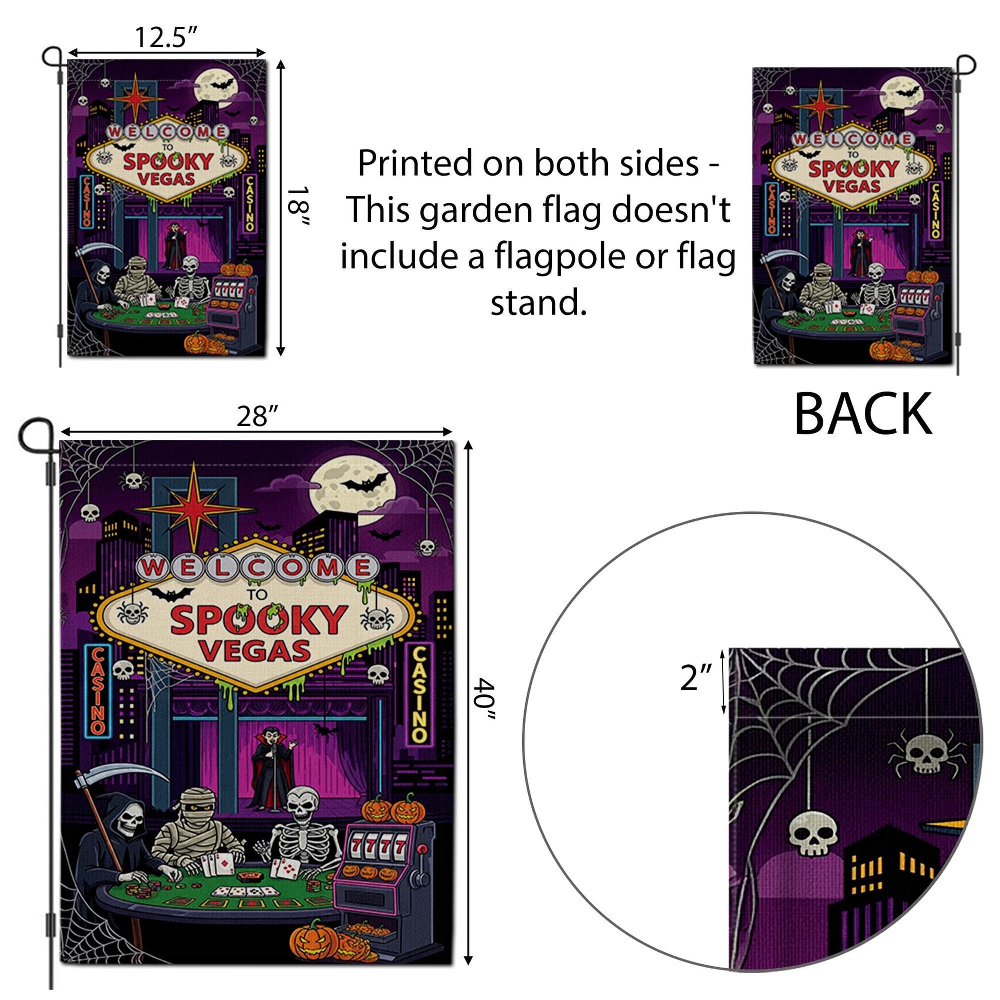 Spooky Vegas Halloween Garden Flag | Casino Horror Yard Decor | Grim Reaper Vampire Skeleton Mummy Banner