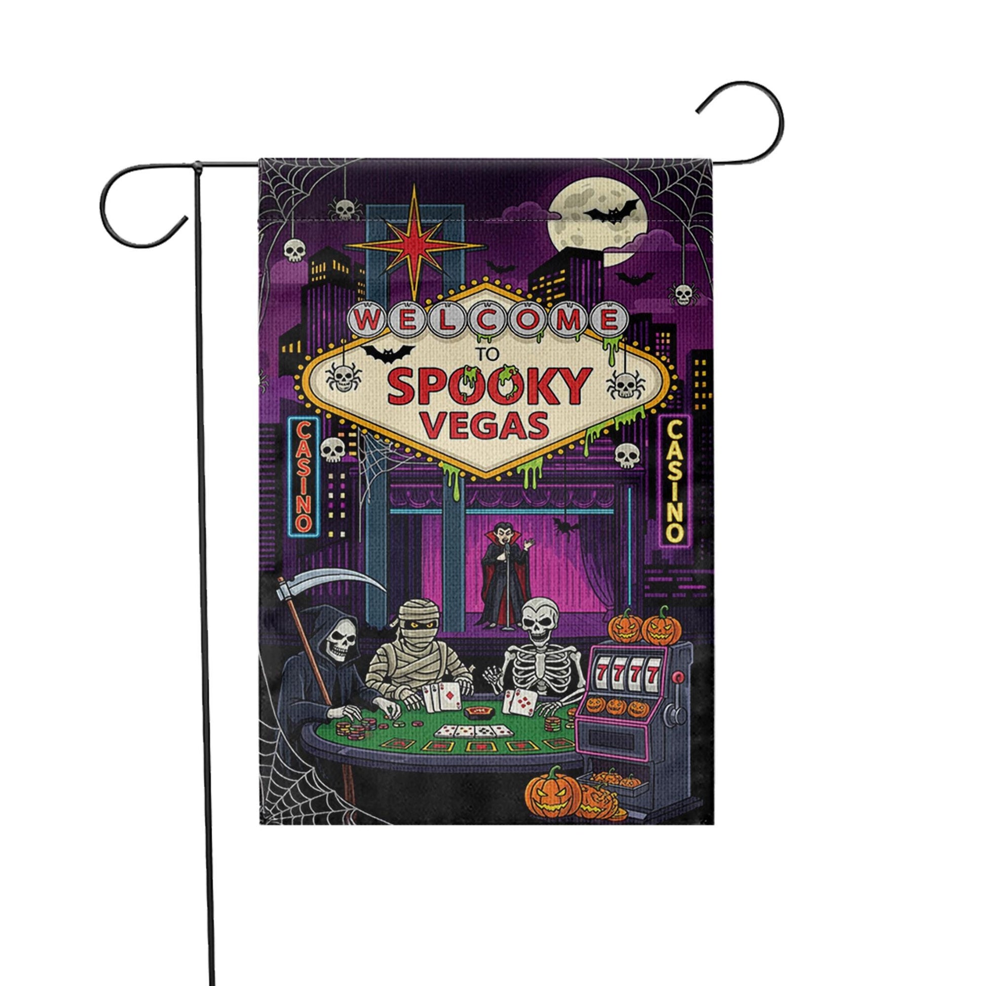Spooky Vegas Halloween Garden Flag | Casino Horror Yard Decor | Grim Reaper Vampire Skeleton Mummy Banner