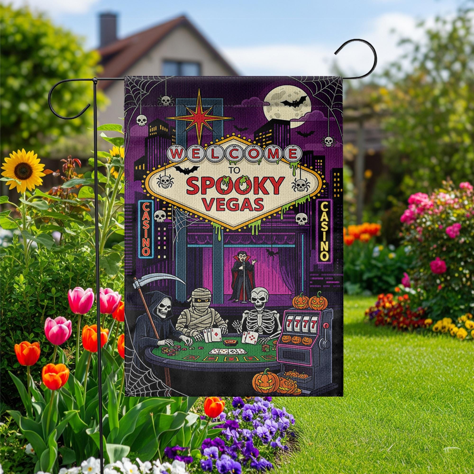 Spooky Vegas Halloween Garden Flag | Casino Horror Yard Decor | Grim Reaper Vampire Skeleton Mummy Banner