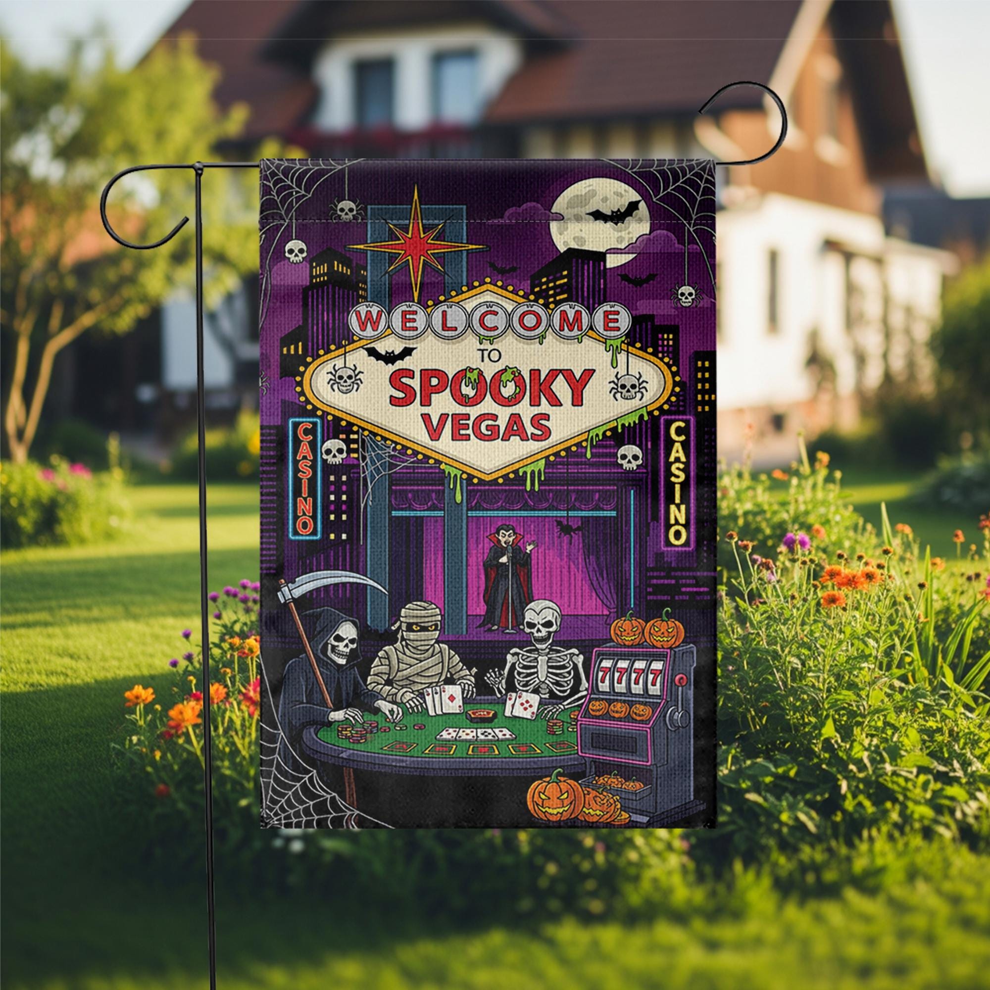 Spooky Vegas Halloween Garden Flag | Casino Horror Yard Decor | Grim Reaper Vampire Skeleton Mummy Banner