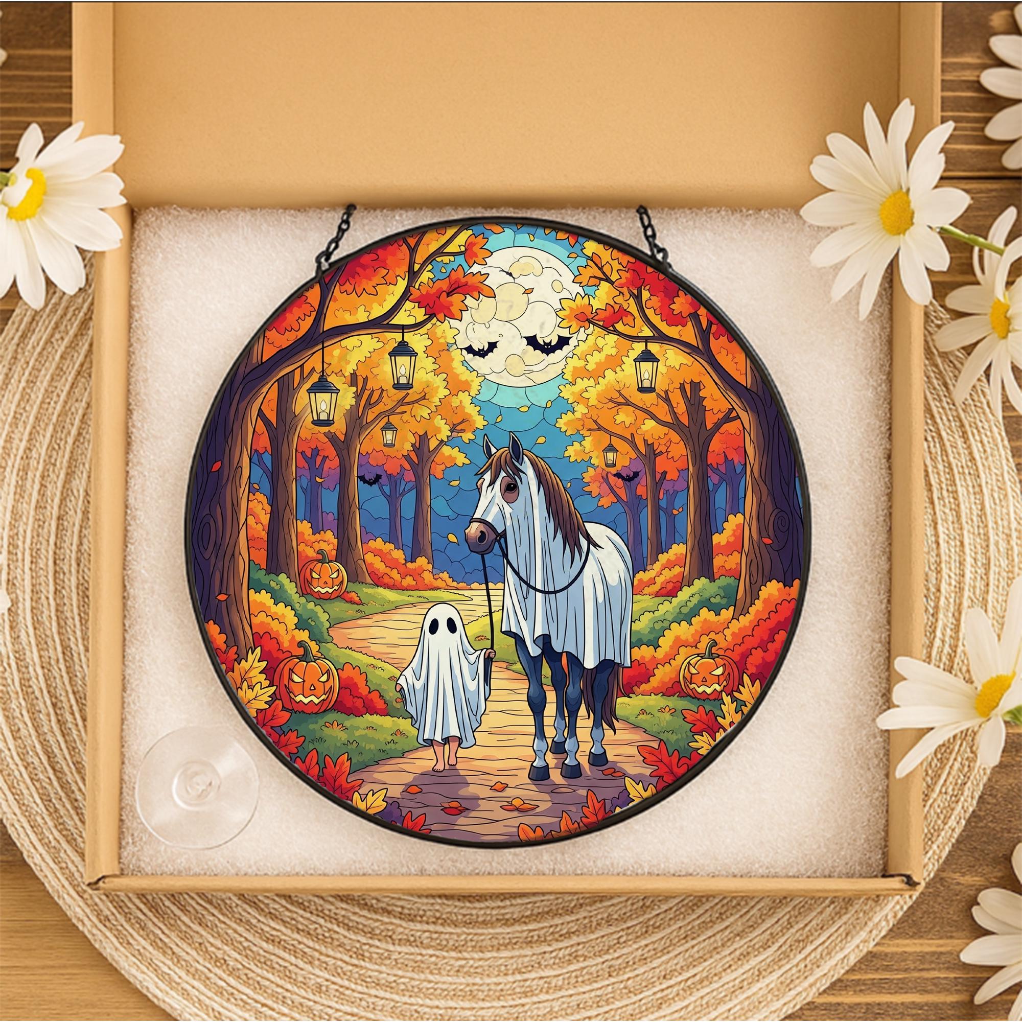 Halloween Horse Ghost Suncatcher | Fall Pumpkin Autumn Hanging Window Decor | Trick or Treat Stained Glass Art