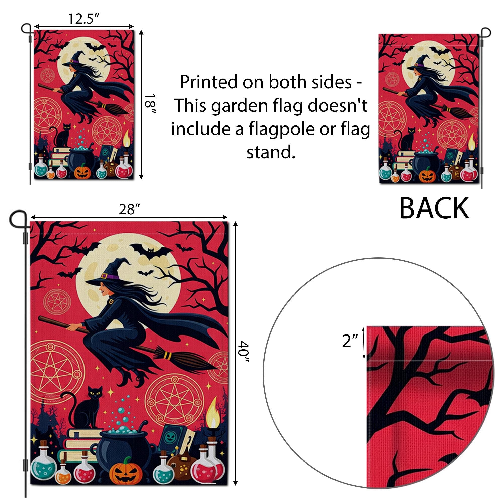 Halloween Witch Garden Flag | Flying Witch Black Cat Potion Fall Yard Decor | Spooky Outdoor Banner