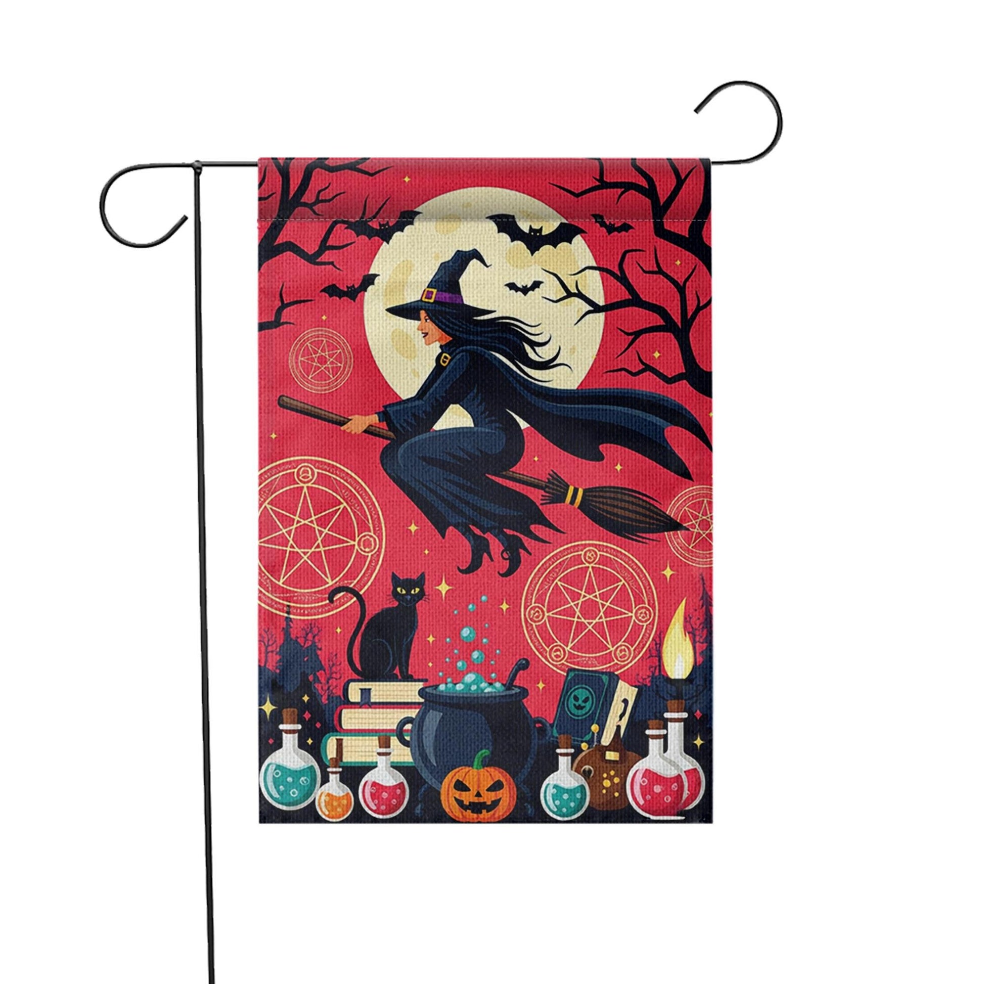 Halloween Witch Garden Flag | Flying Witch Black Cat Potion Fall Yard Decor | Spooky Outdoor Banner