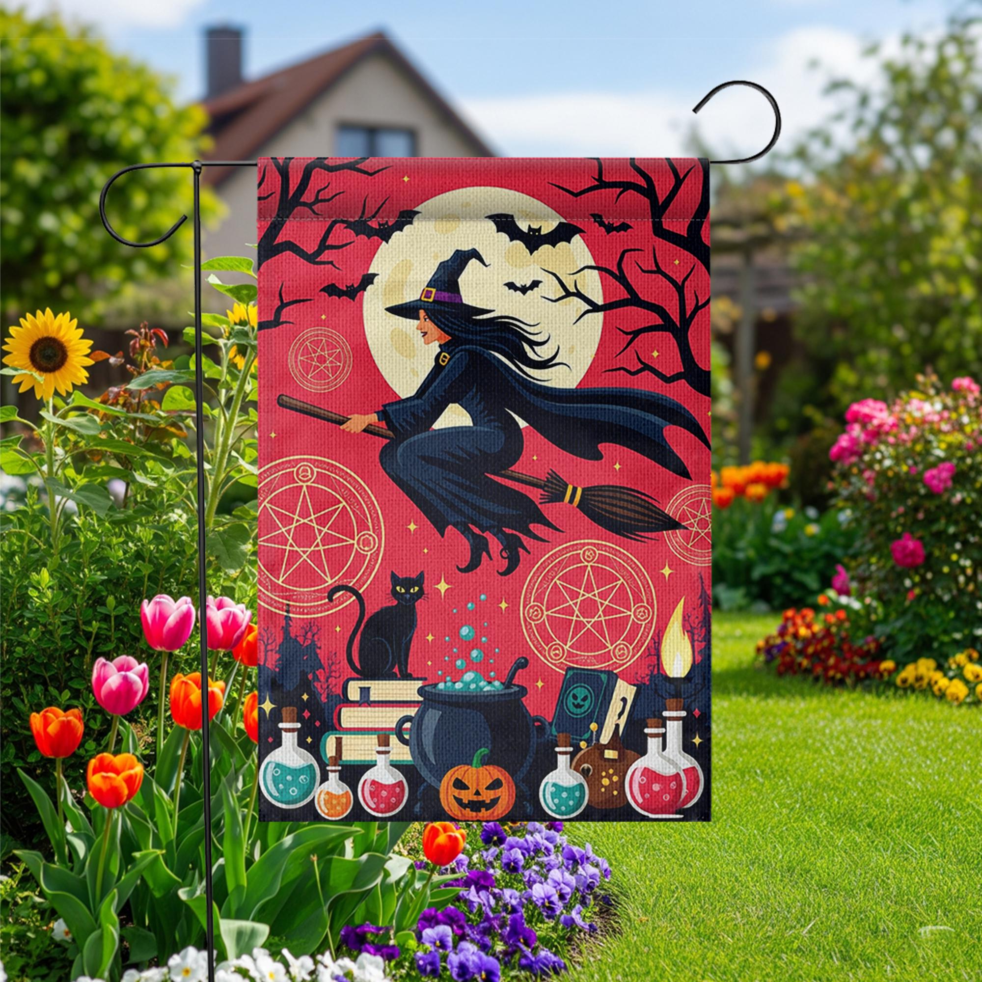 Halloween Witch Garden Flag | Flying Witch Black Cat Potion Fall Yard Decor | Spooky Outdoor Banner