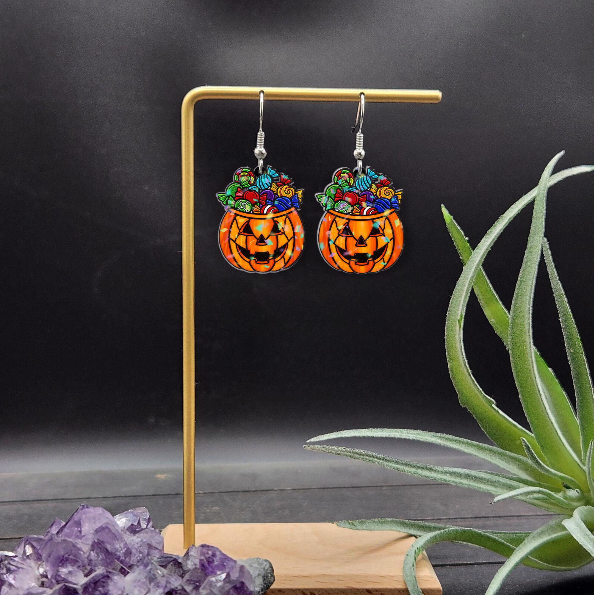 Halloween Pumpkin Earrings, Candy Bucket Dangle Earrings, Cute Trick or Treat Jewelry, Spooky Fall Earrings, Fun Halloween Accessory