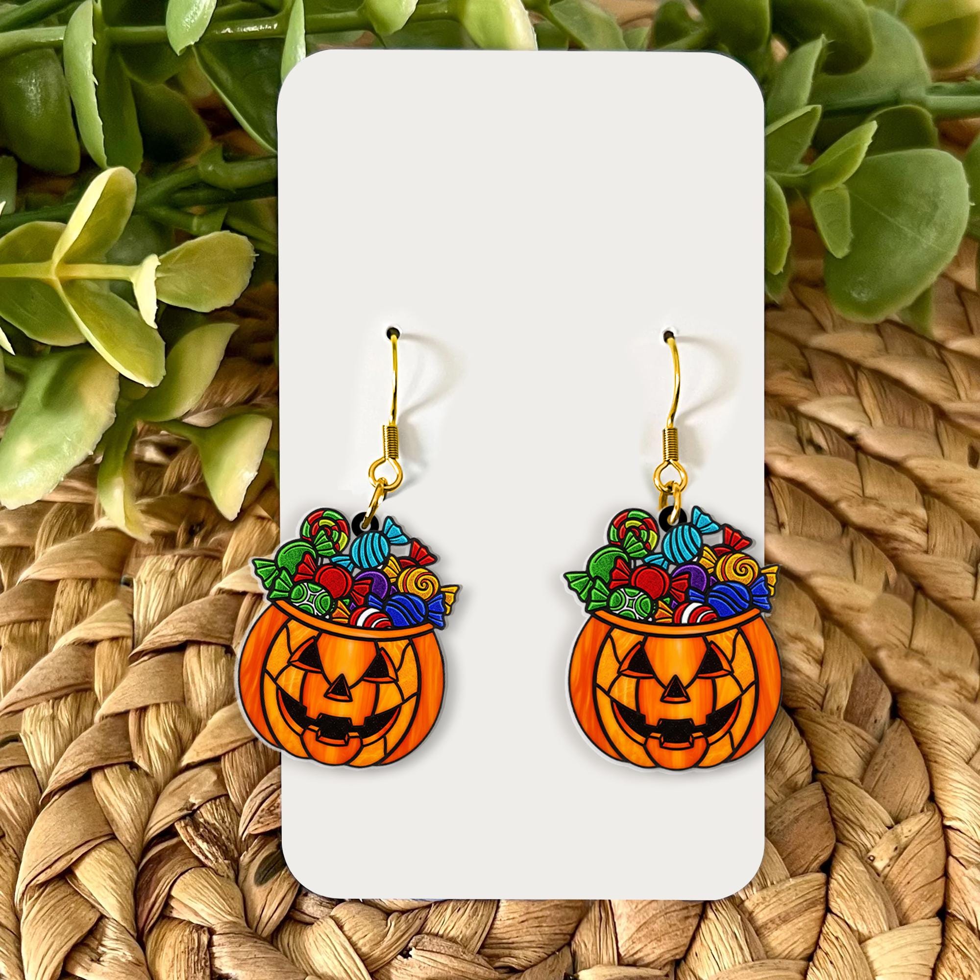 Halloween Pumpkin Earrings, Candy Bucket Dangle Earrings, Cute Trick or Treat Jewelry, Spooky Fall Earrings, Fun Halloween Accessory