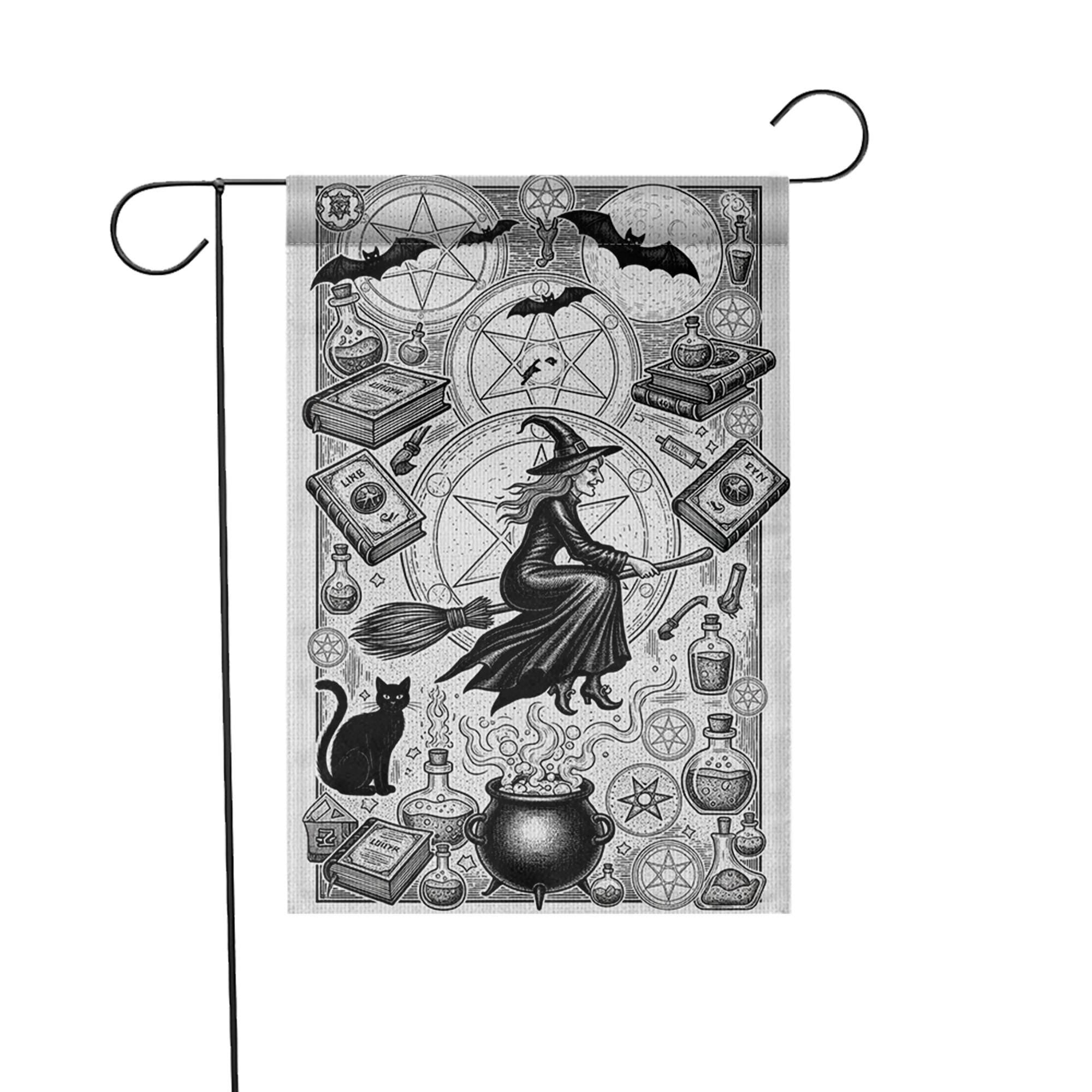 Vintage Witch Garden Flag | Black and White Halloween Yard Banner | Gothic Flying Witch Decor