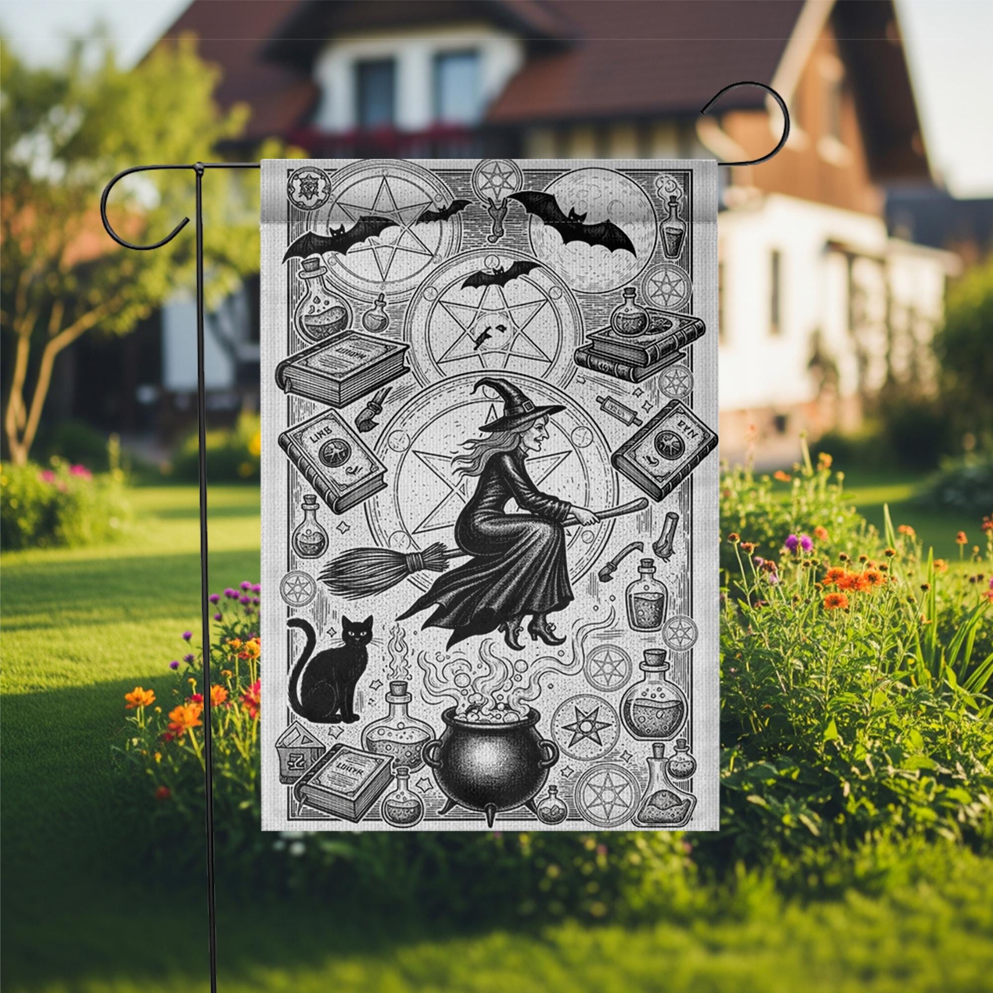 Vintage Witch Garden Flag | Black and White Halloween Yard Banner | Gothic Flying Witch Decor