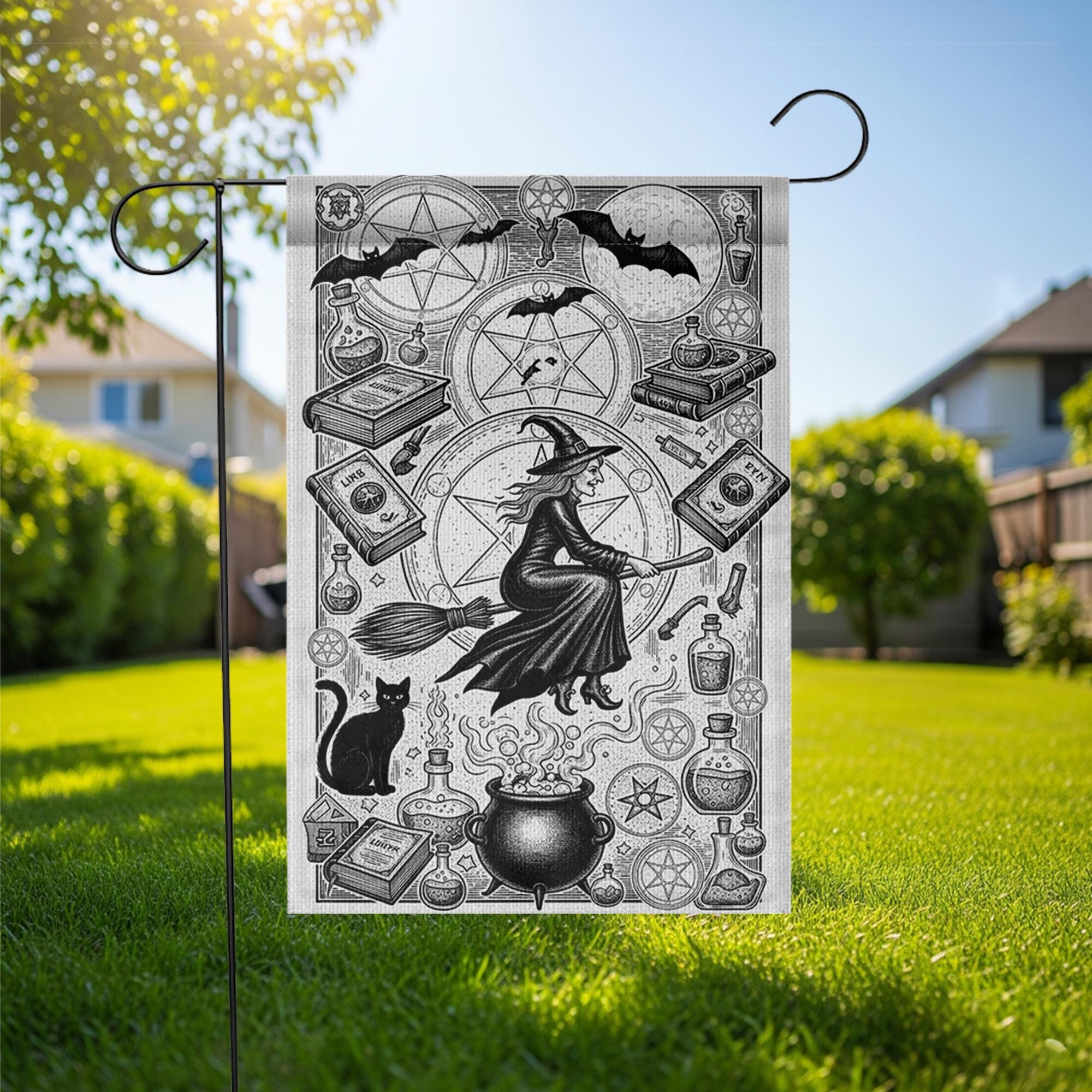 Vintage Witch Garden Flag | Black and White Halloween Yard Banner | Gothic Flying Witch Decor