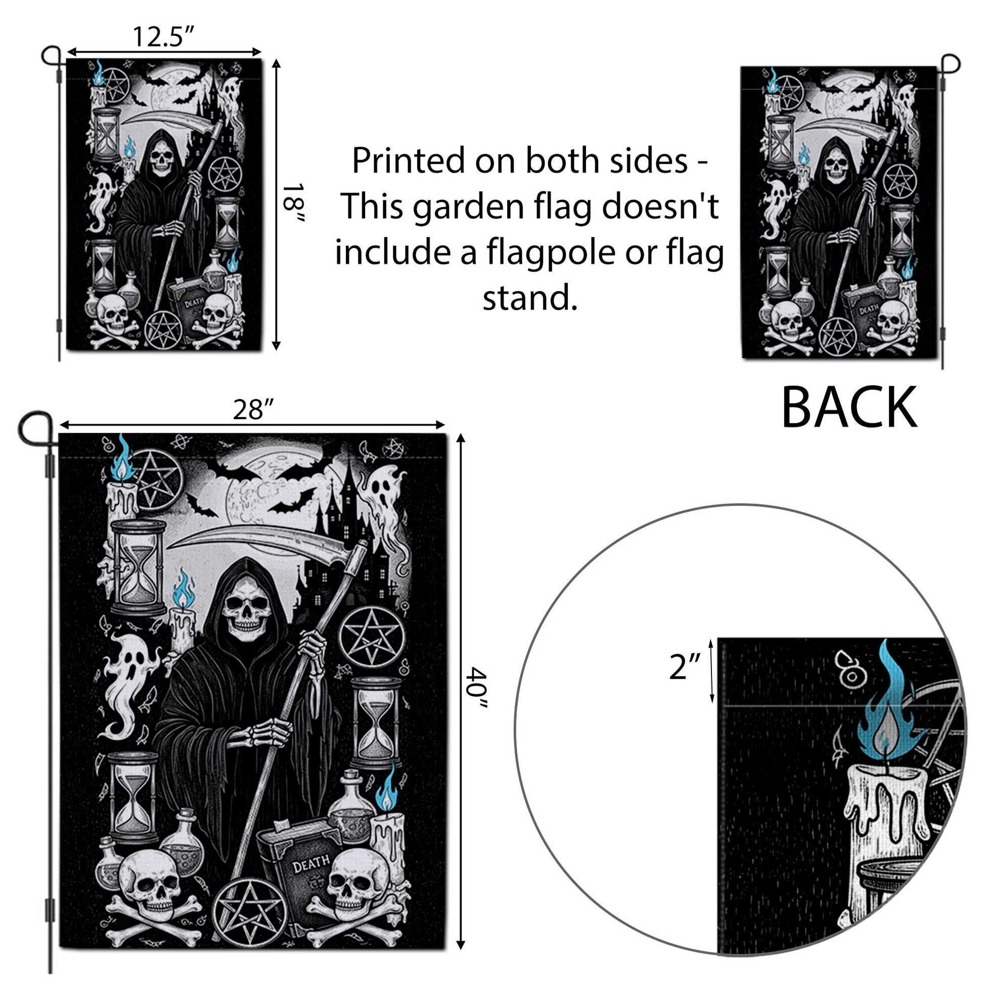 Grim Reaper Gothic Garden Flag | Black White Halloween Yard Banner | Spooky Skeleton Death Decor