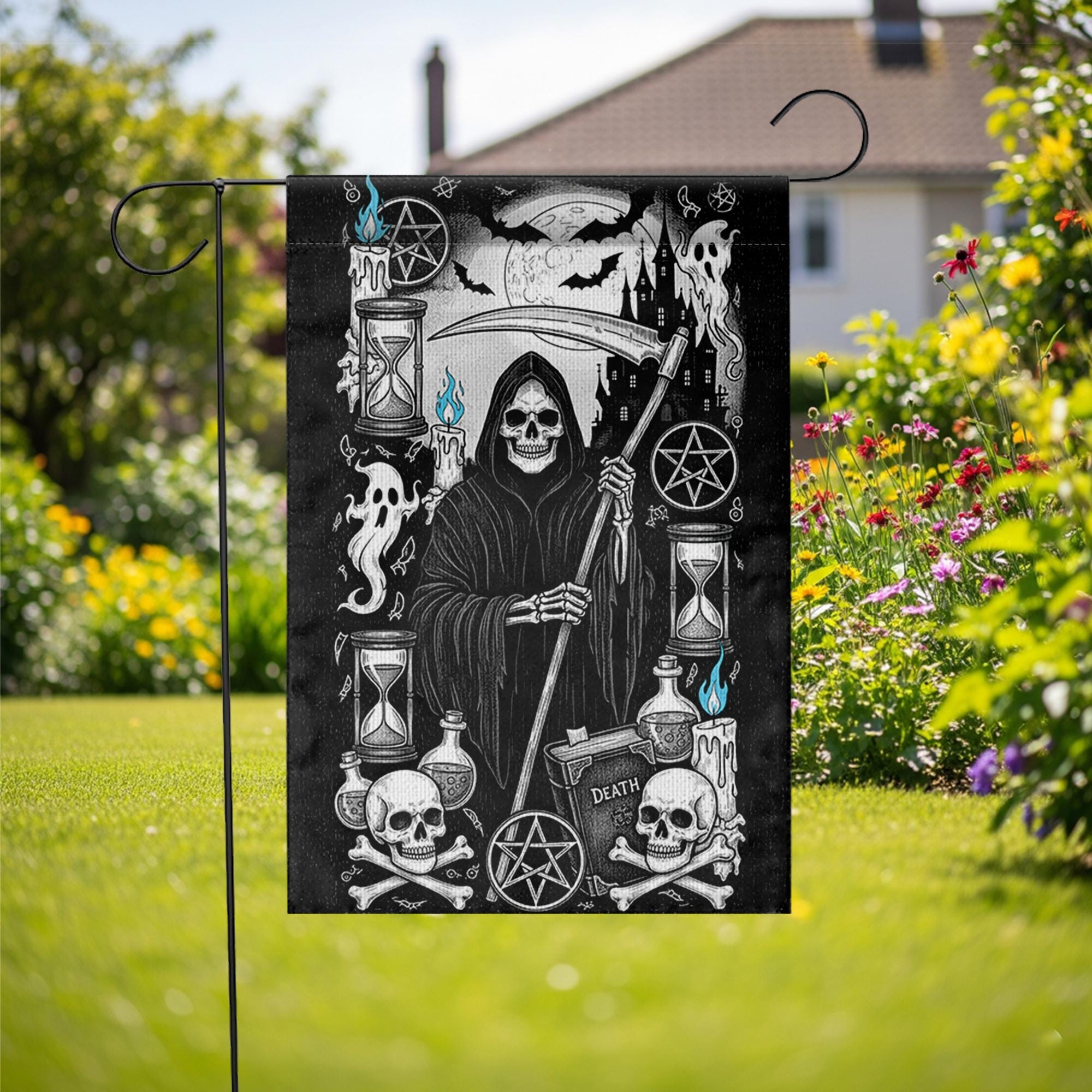 Grim Reaper Gothic Garden Flag | Black White Halloween Yard Banner | Spooky Skeleton Death Decor