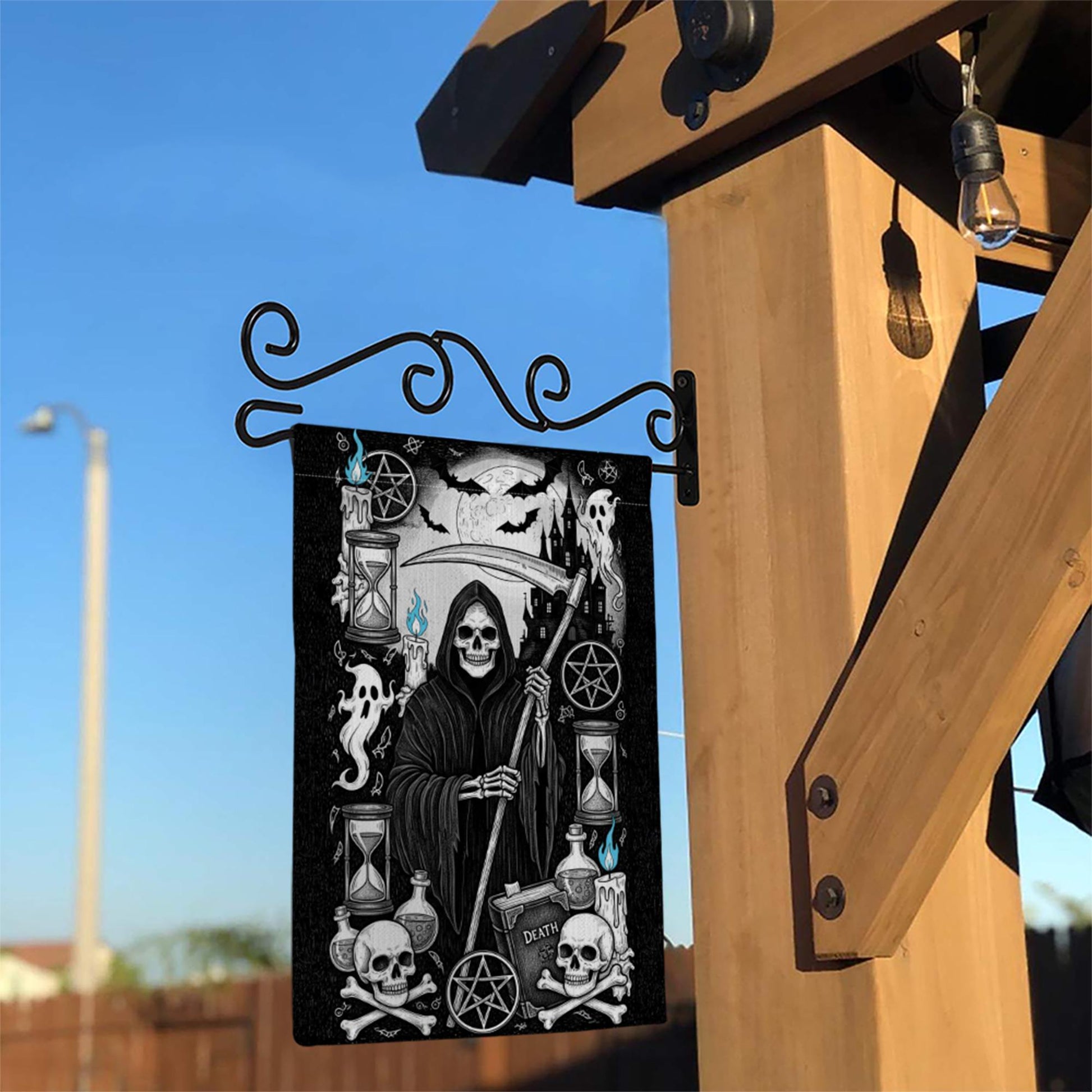 Grim Reaper Gothic Garden Flag | Black White Halloween Yard Banner | Spooky Skeleton Death Decor