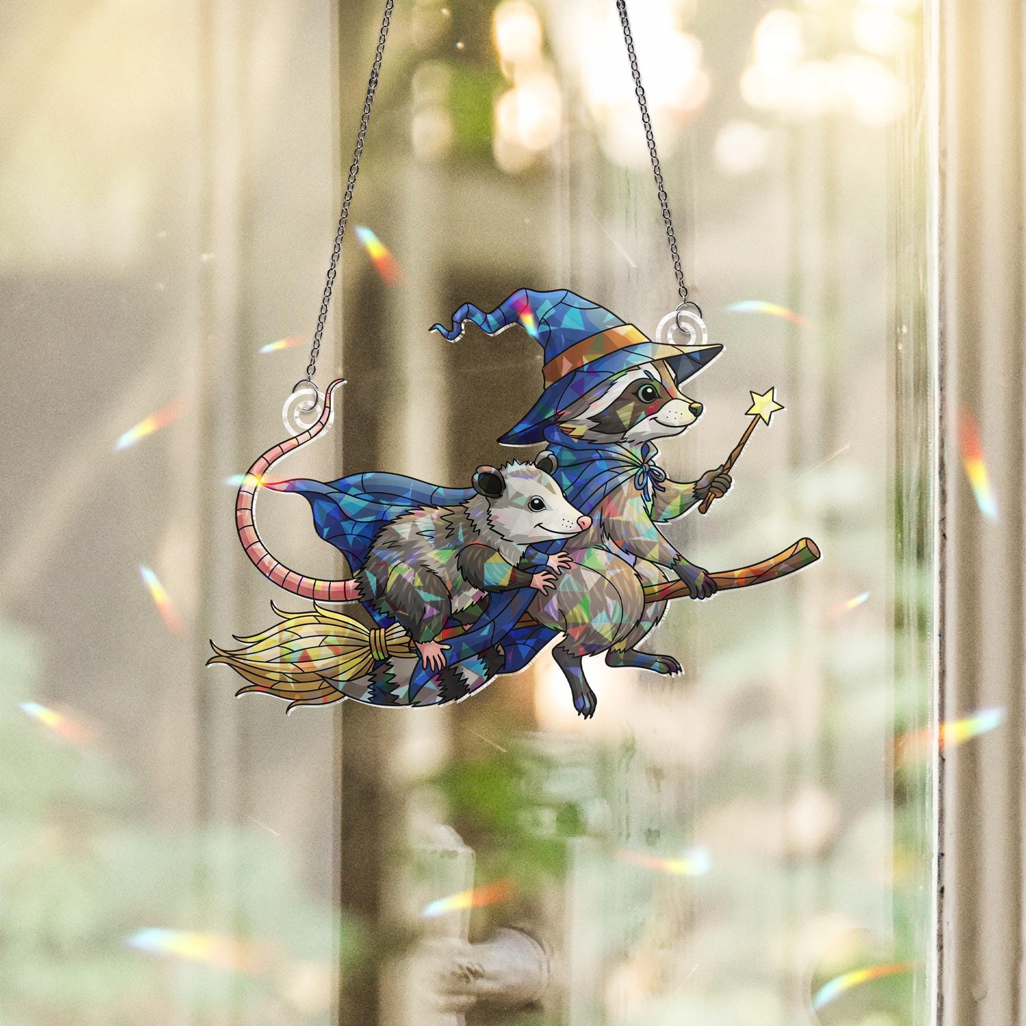 Witch Raccoon Possum Suncatcher | Halloween Stained Glass Animal Window Decor | Cute Flying Broom Art