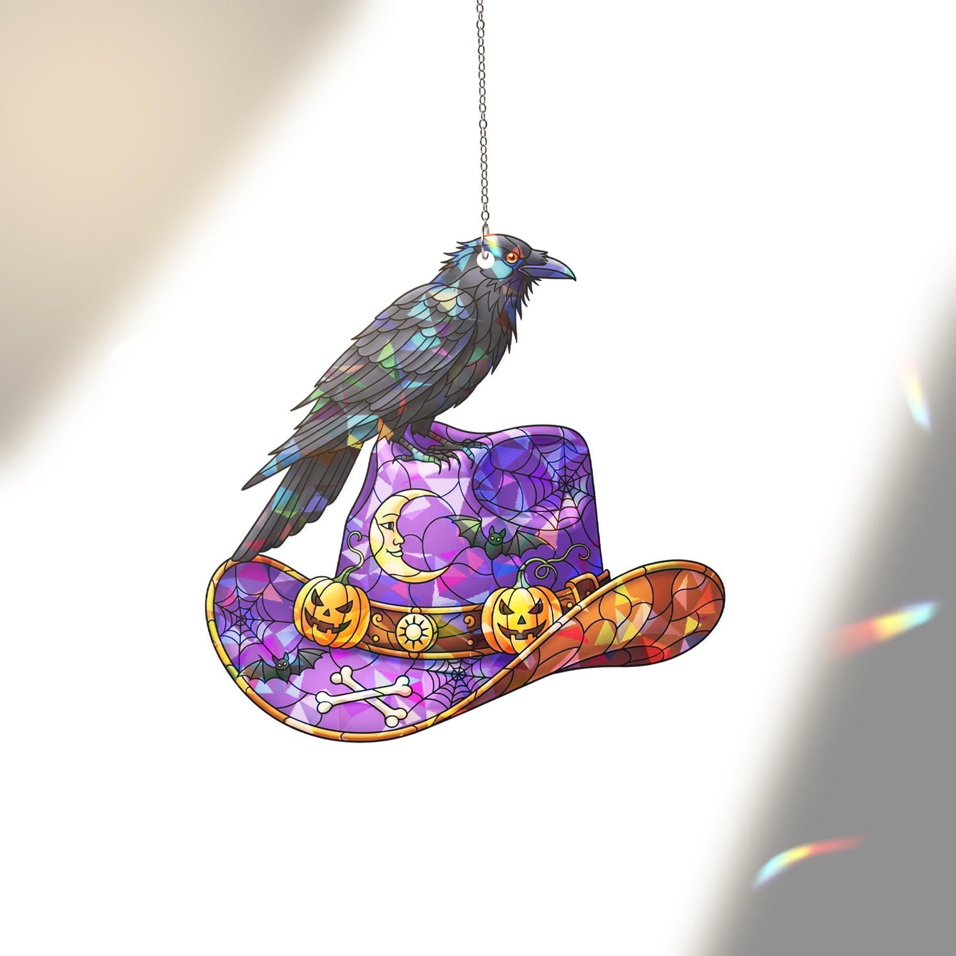 Halloween Raven Cowboy Hat Suncatcher | Stained Glass Western Spooky Window Decor | Gothic Fall Ornament