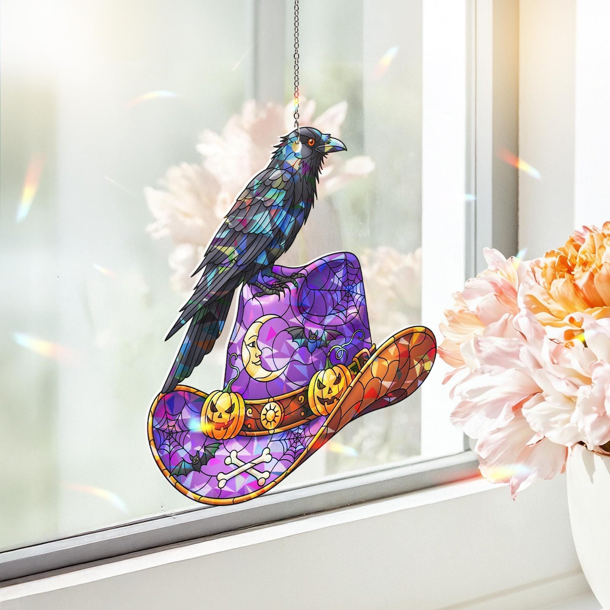 Halloween Raven Cowboy Hat Suncatcher | Stained Glass Western Spooky Window Decor | Gothic Fall Ornament